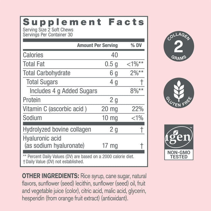 NeoCell Collagen Beauty Soft Chews with Vitamin C and Hyaluronic Acid, For Hair, Skin and Nail Health, Fruit Punch, Soft Chews, 60 Count, 1 Bag