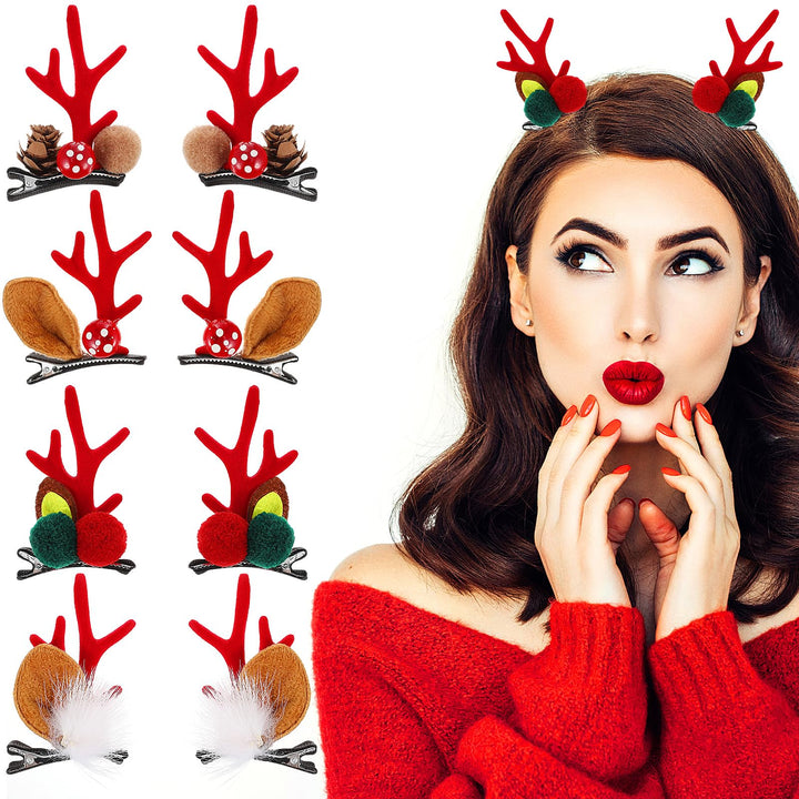 LEORX Antler Hair Clip 4 Pairs Cute Reindeer Hair Barrettes Alligator Deer Horn and Ears Hair Pins for Christmas Party (Red)