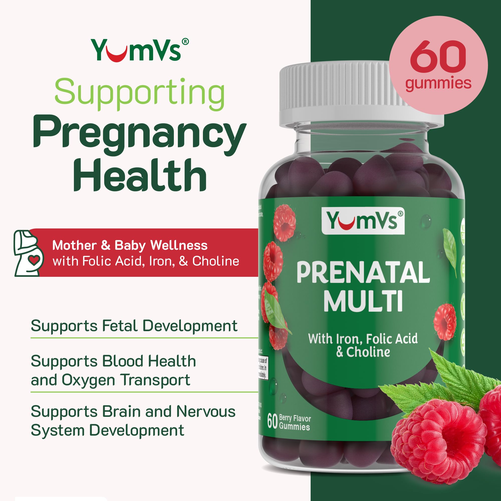 YUM-V'S YumVs Prenatal Gummies for Women - Prenatal Vitamins for Women with Folic Acid, Iron & Choline - Vegetarian & Kosher Pregnancy Vitamins - Womens Prenatal Multivitamin - 60 Count 2pk