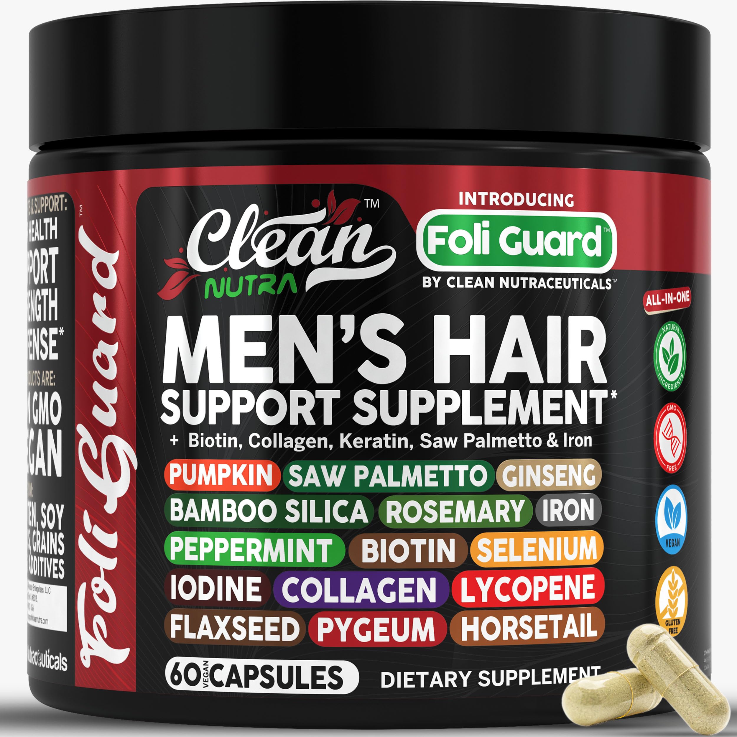 Hair Growth Supplement for Men | Biotin Collagen Keratin Saw Palmetto Iron Pumpkin Ginseng Bamboo Silica Rosemary Peppermint Selenium Iodine Flaxseed Horsetail Vitamin A C D3 E B12 by Clean Nutra (1)