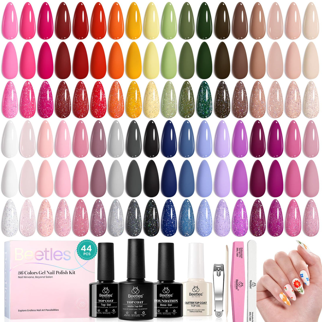 beetles Gel Polish 44pcs Fall Gel Nail Polish Set 36 Colors Brown Burgundy Red Blue Purple Orange Green Black Nude White with Base Coat Glossy Matte Glitter Top Coat Gifts for Women Colorful Muse