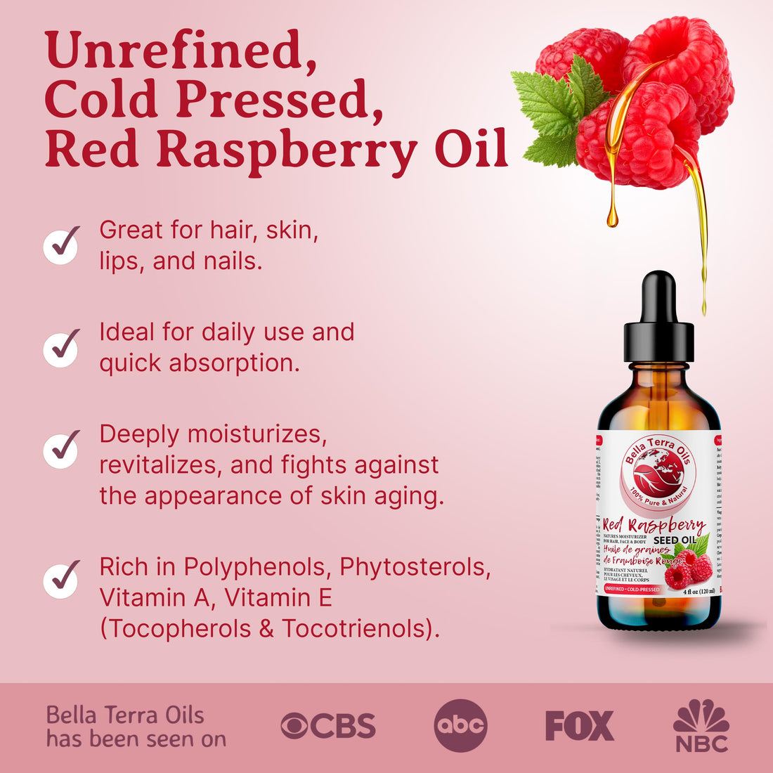 Bella Terra Oils - Red Raspberry Seed Oil 4oz - Pure Cold-Pressed Alchemy, Abundant in Ellagic Acid & Omega Fatty Acids, Nature's Gift for Beautiful Skin