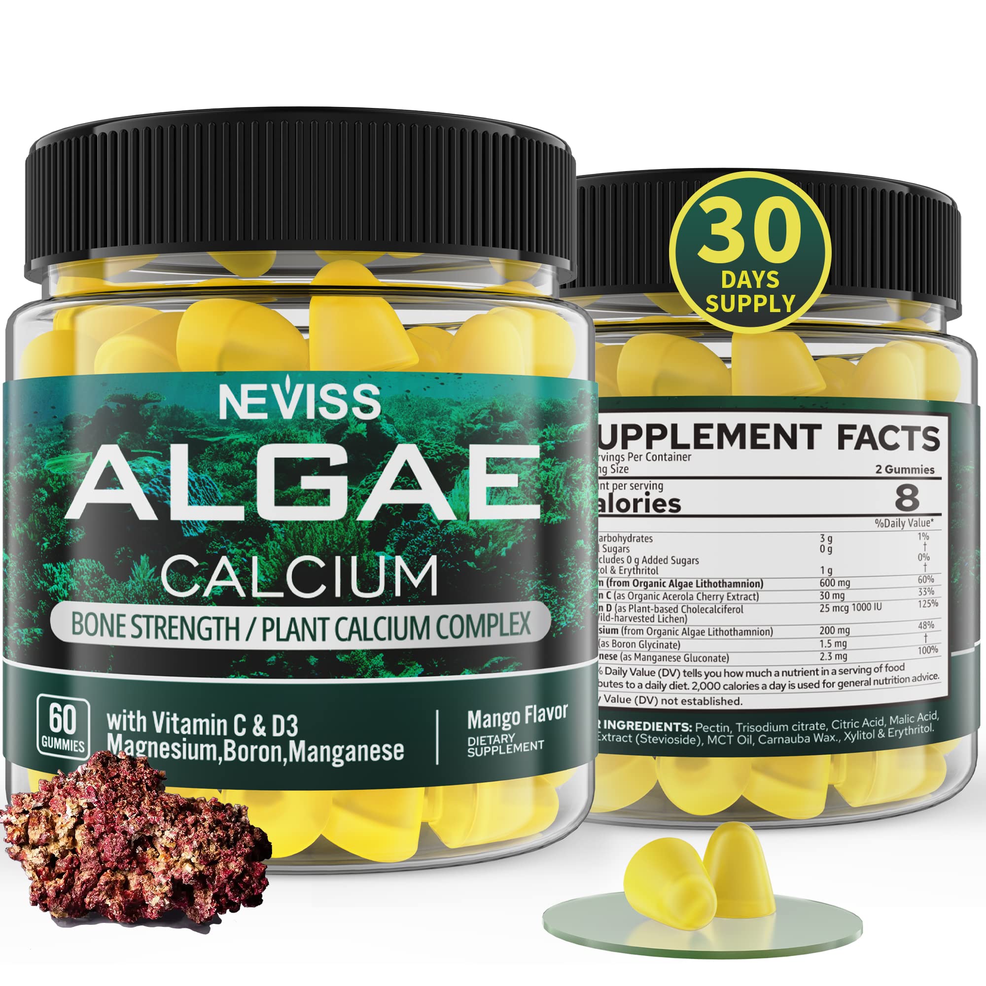 Algae Calcium Gummies 600mg with Vitamin D3, C, Magnesium, Boron, Manganese, Plant-Based Calcium Supplement for Bone Health & Strength, Minerals Complex, Gentle Digestion, Sugar Free, Vegan, 60 Counts