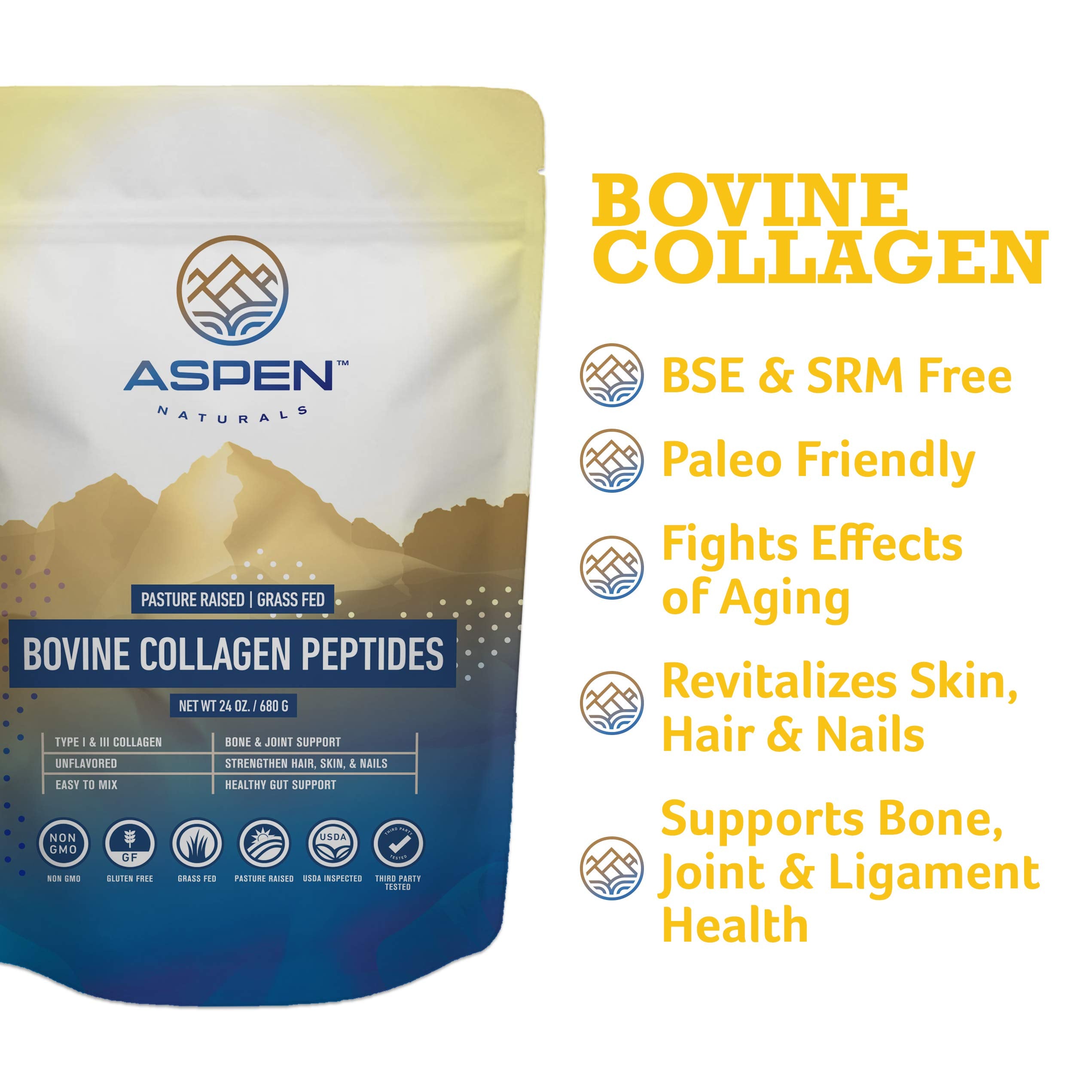 Aspen Naturals Bovine Collagen Peptides Powder 24 Oz – Type I & III | Grass Fed, Pasture Raised | Healthy Hair, Skin & Nails | Bone, Joint & Gut Support | Paleo Friendly, Unflavoured, Gluten-Free