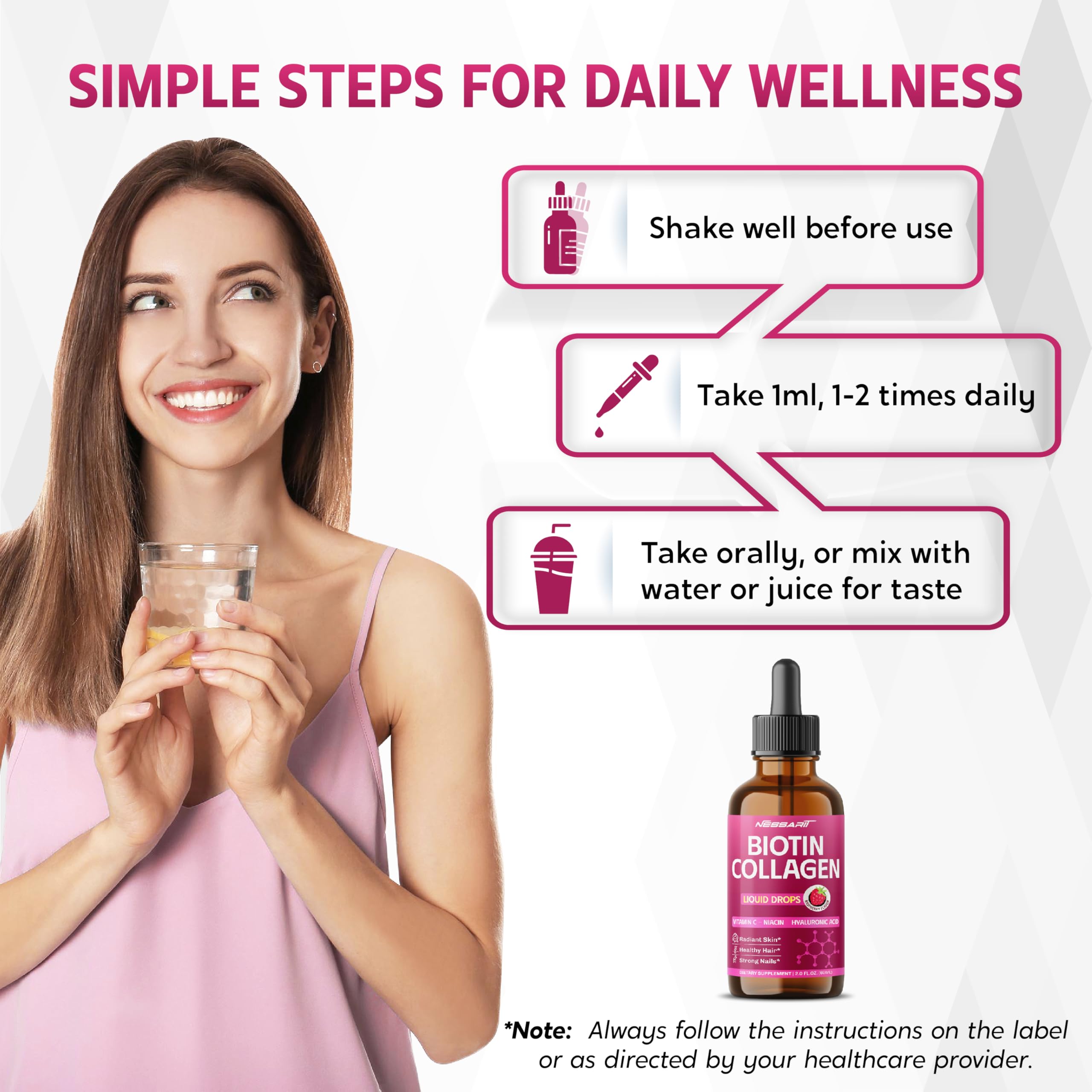 NESSARIT Biotin Collagen Liquid Drops 80,000mcg - Vitamin C, Niacin, Hyaluronic Acid - Radiant Skin, Healthy Hair, Strong Nails - Raspberry Flavor - Made in USA - 2.0 fl oz (60ml)