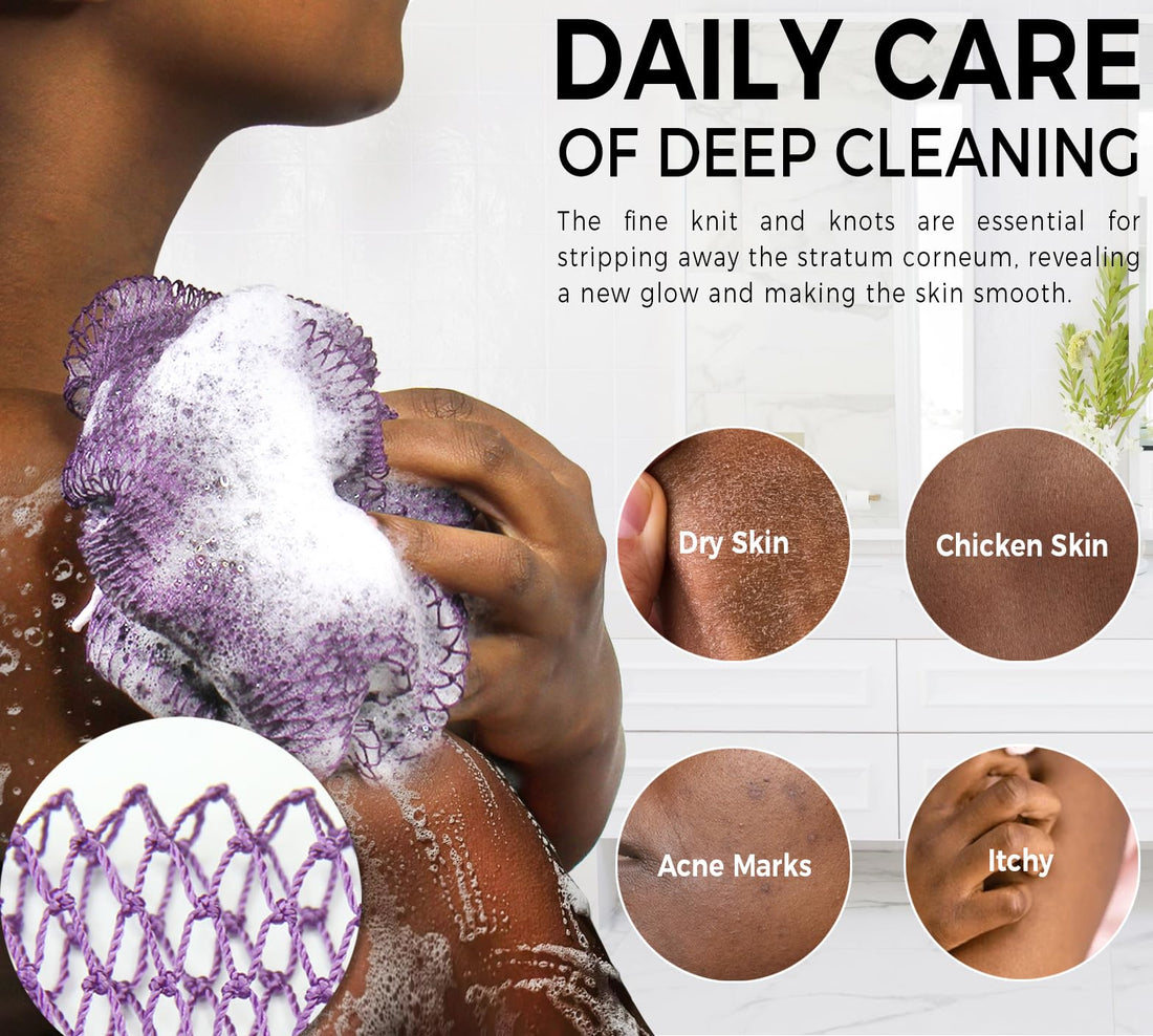 African Net Sponge Authentic - 2 Pieces Real African Exfoliating Loofah Sponge with Knots - African Net Wash Cloths for Body Scrubber Exfoliator Seawave & Lilac - Back Scrub for Shower Bath