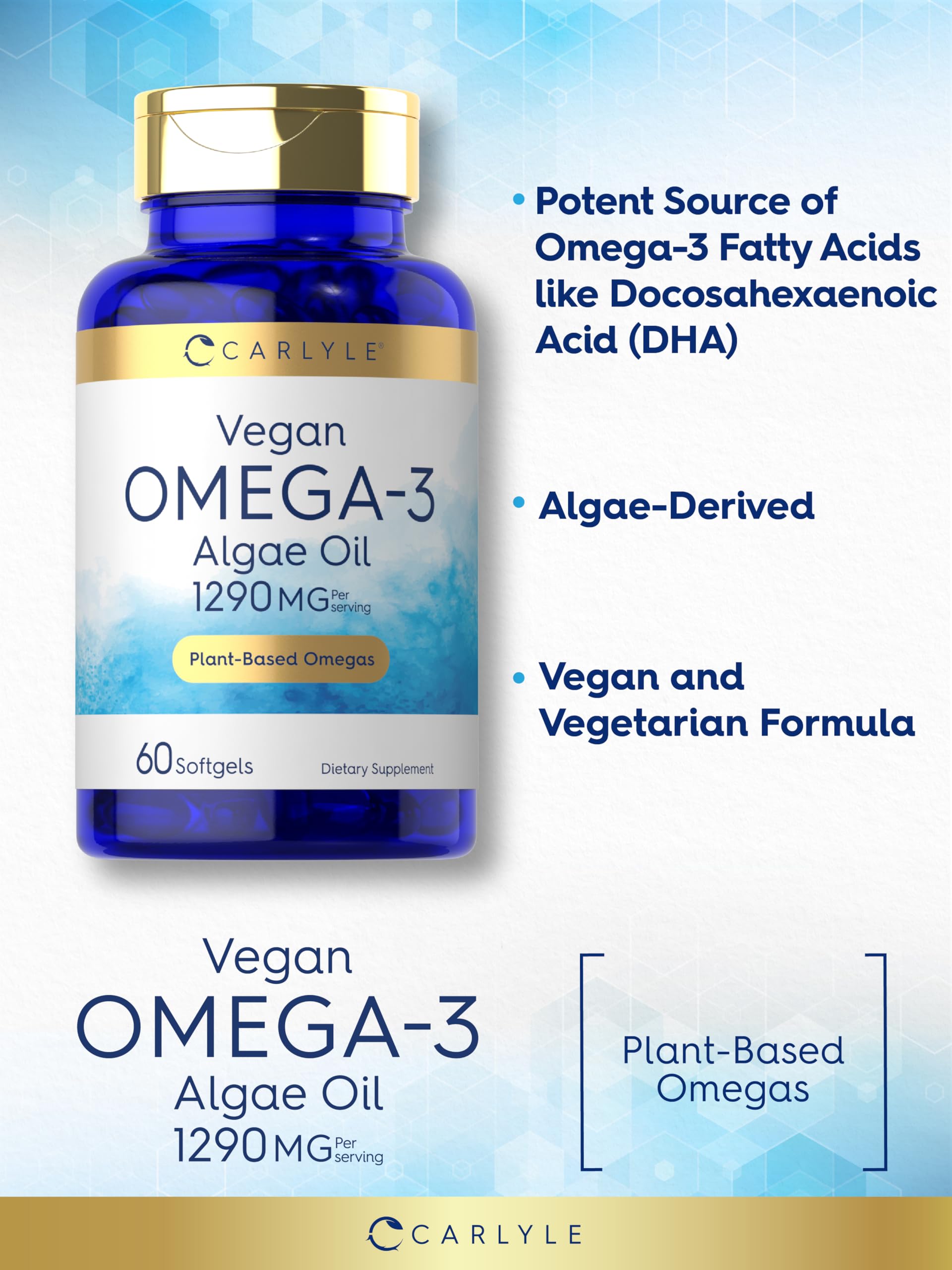 Carlyle Vegan Omega 3 Supplement | 1290 mg | 60 Softgels | Plant Based | Non-GMO & Gluten Free | from Algae Oil