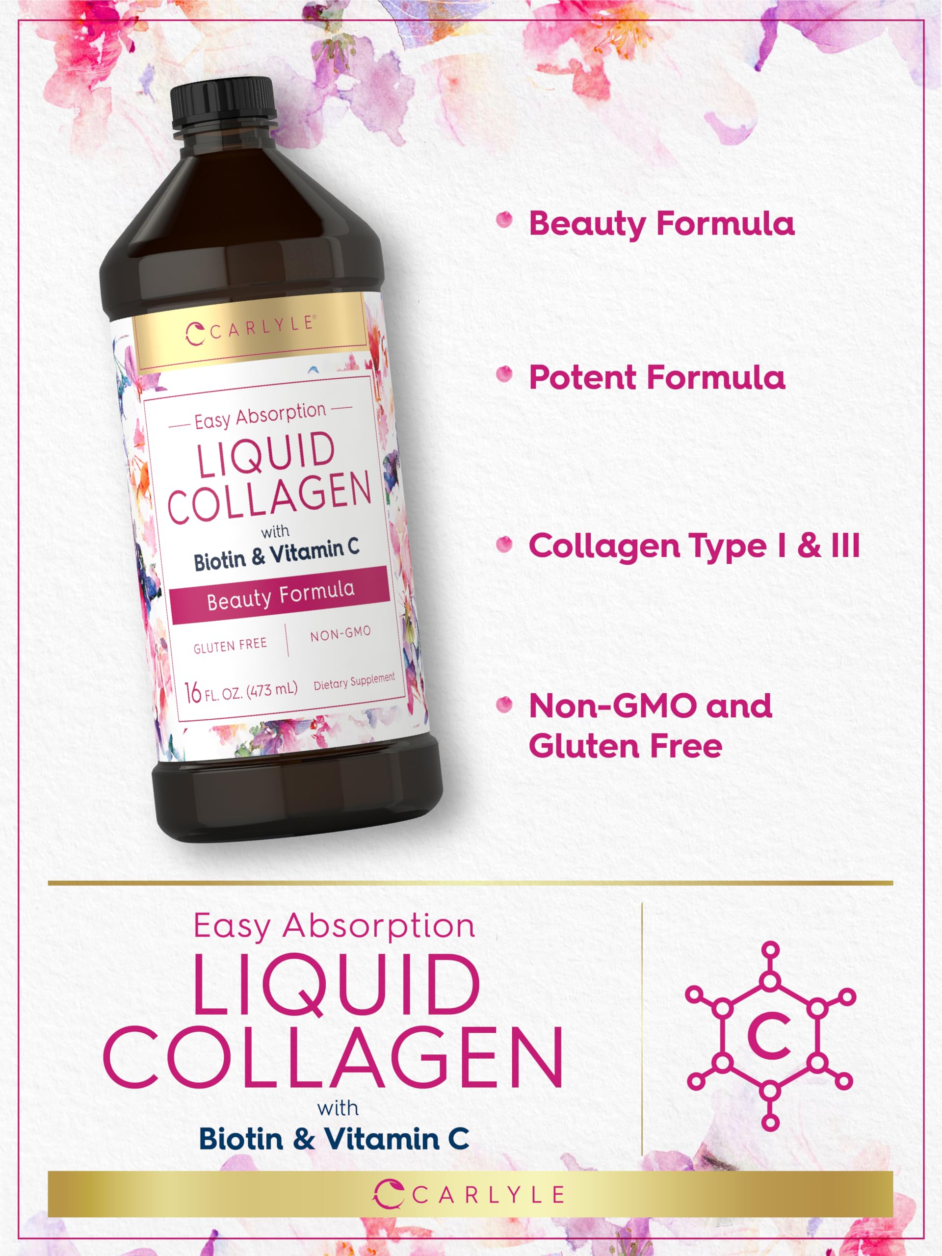 Carlyle Liquid Collagen 16 fl oz | with Biotin and Amino Acid Protein | Berry Flavor | Non-GMO, Gluten Free