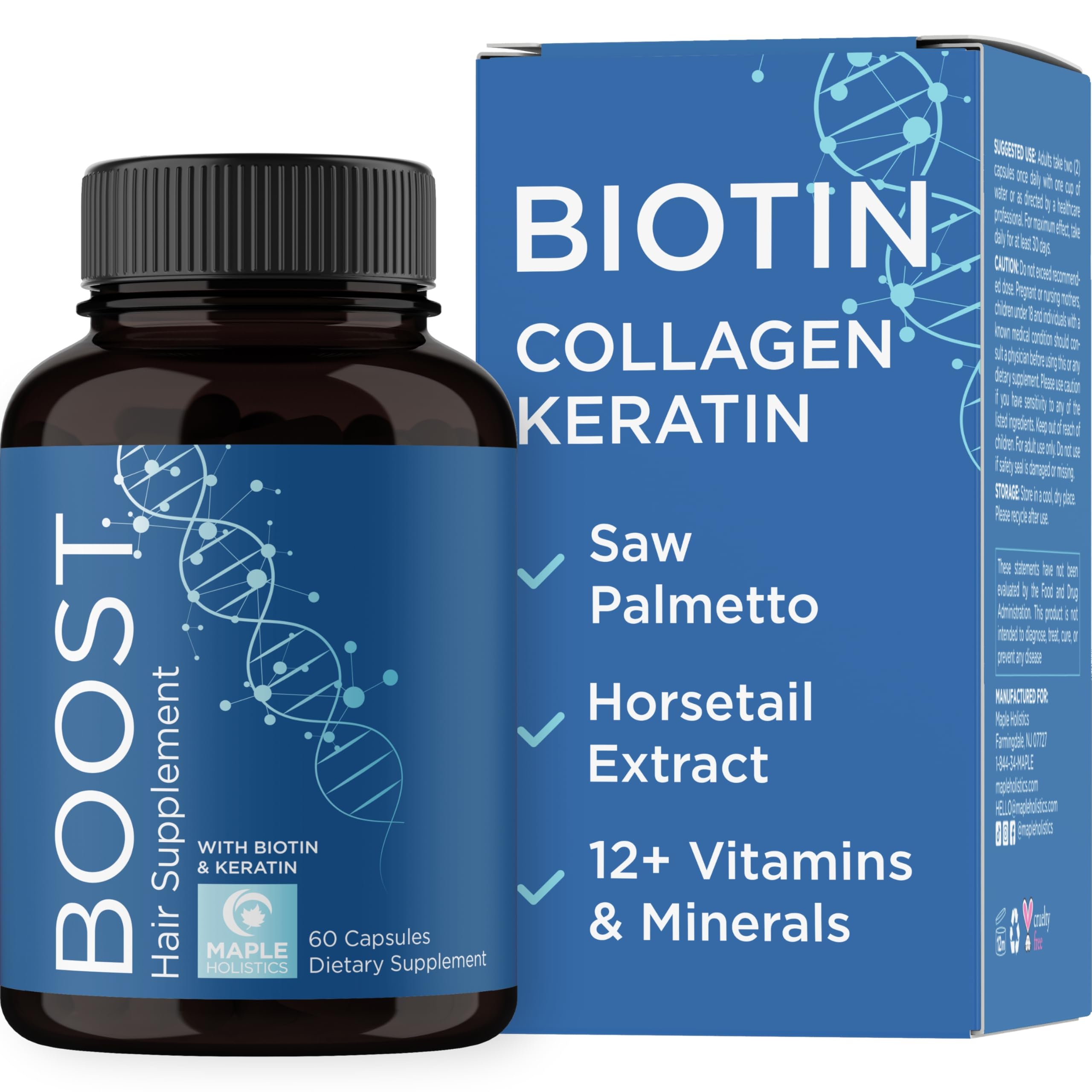 Biotin 10000mcg and Collagen Supplement - Hair Growth Supplement with Saw Palmetto for Women & Men - Horsetail Biotin Collagen Keratin and More DHT Blocker Hair Growth Vitamins for Women & Men 1 Month