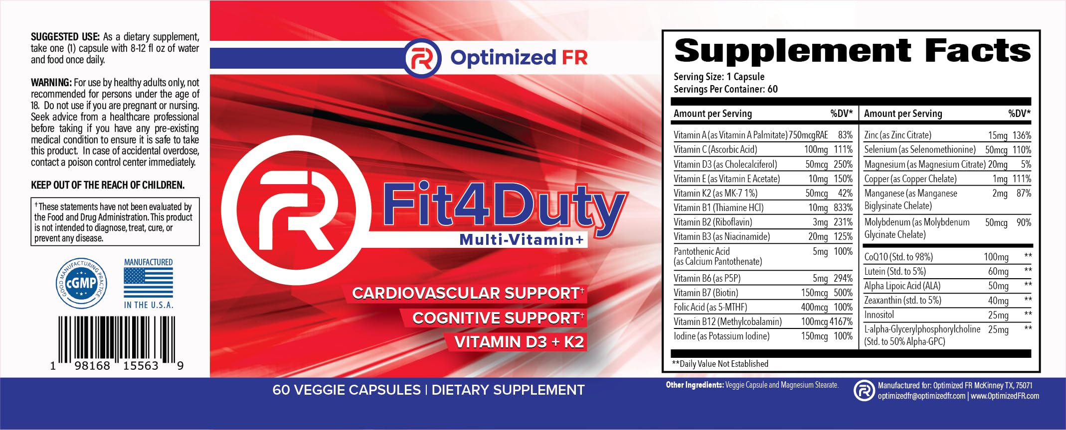 Fit4Duty Multivitamin+ for First Responders, One a Day Multivitamin Plus Other nutrients, 60 Servings, 2 Month Supply