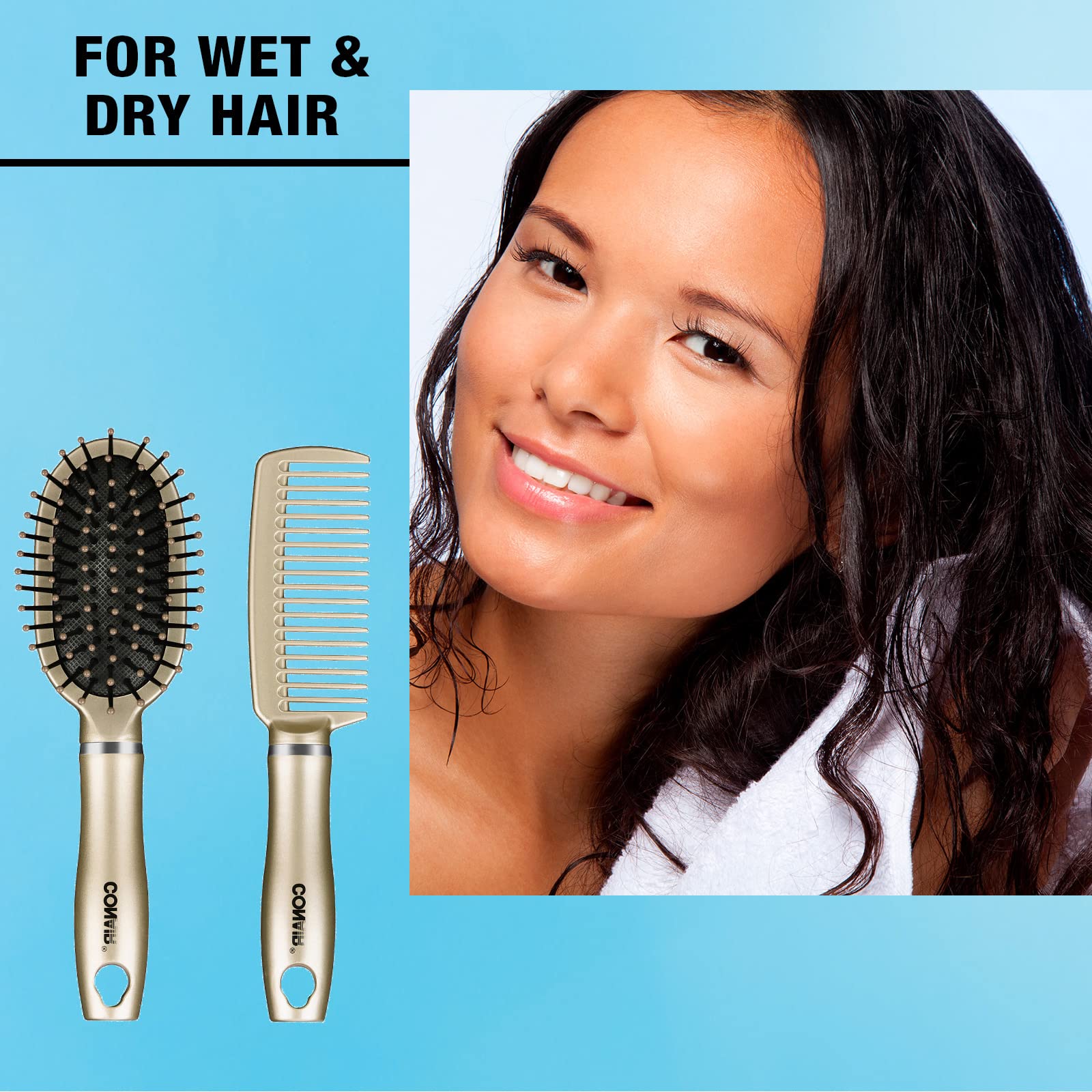 Conair Detangle & Style hair brush set - wide tooth comb and travel hair brush - Detangling Brush and Comb Set - Color at random - 2 Count