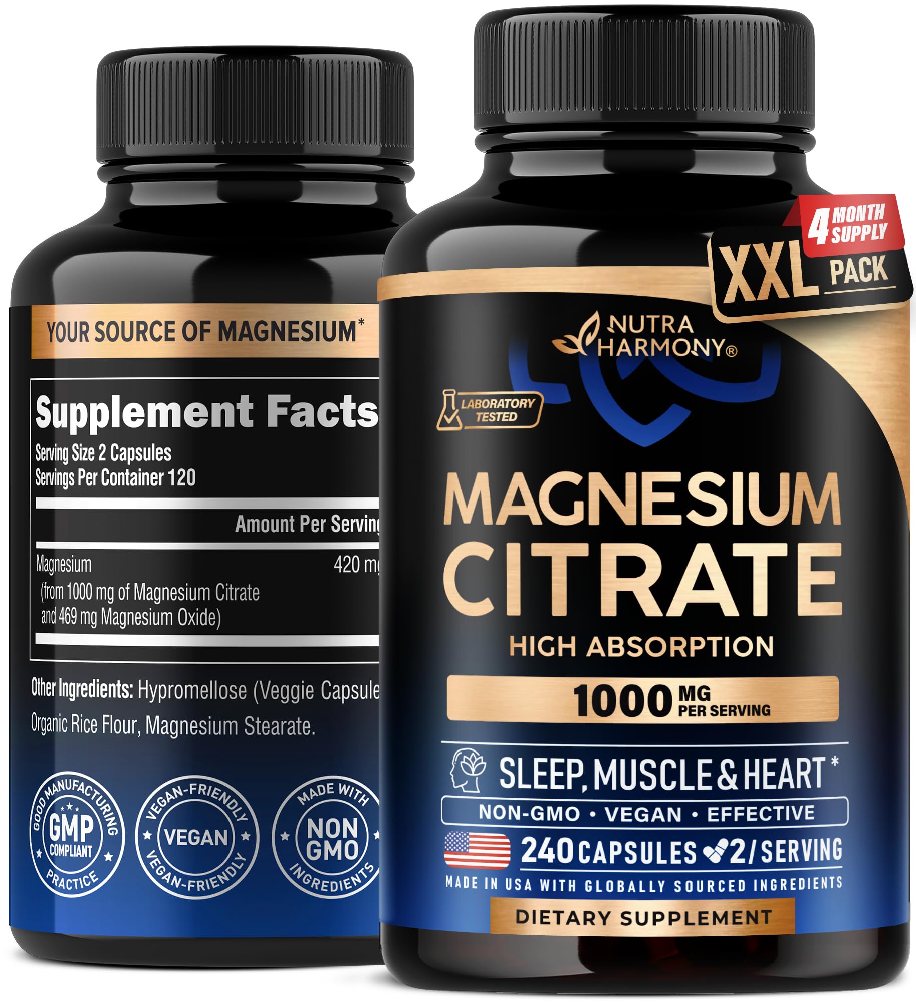 Magnesium Citrate Capsules 1000mg | High Absorption Supplement - Sleep, Muscle & Heart Support - Vegan | Non-GMO - Made in USA - As Powder | Pills | Tablets - 240 Capsules, 4 Month Supply
