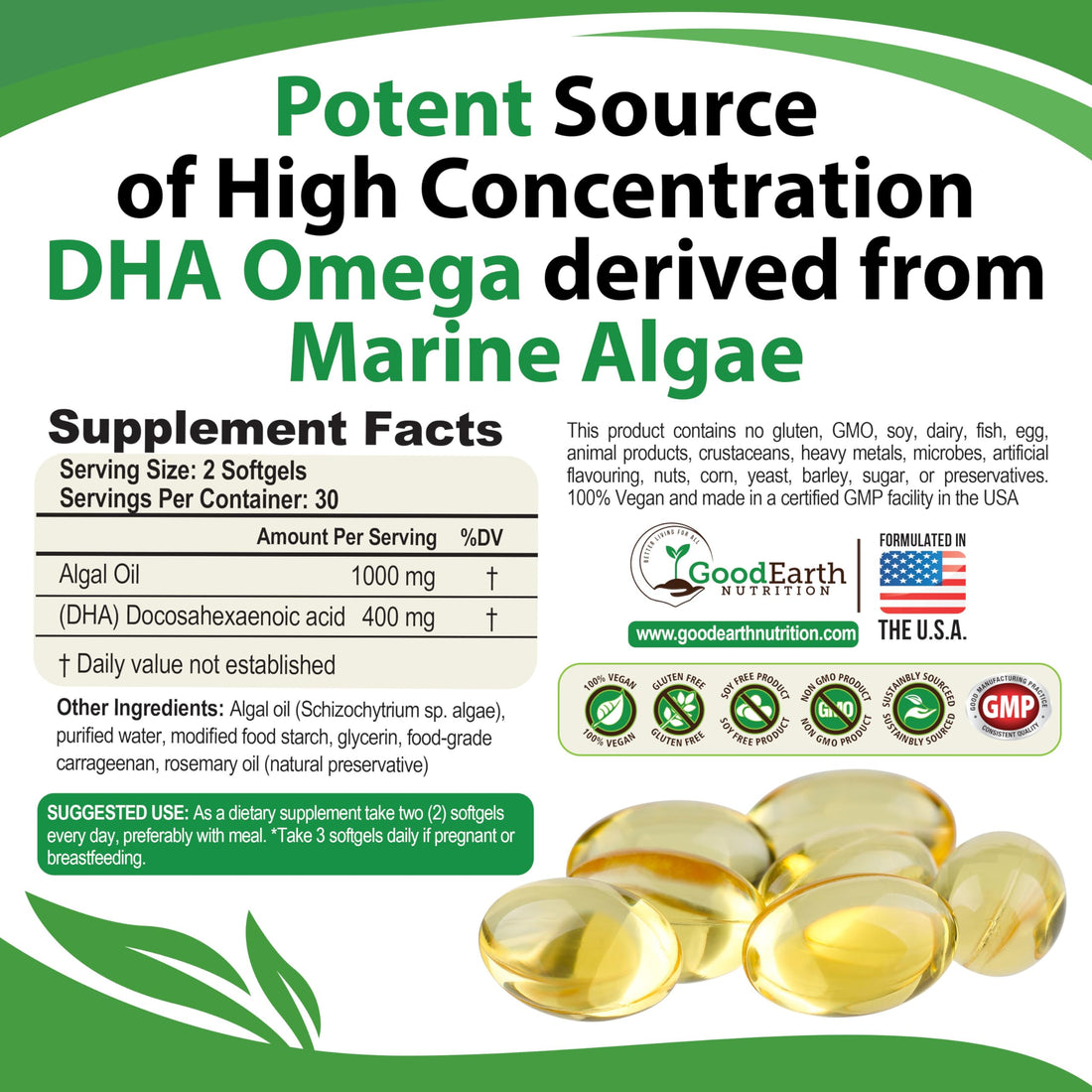Algal Oil - Vegan DHA Omega 3 Fish Oil Supplements - Brain Booster,Joint Supplement & Prenatal Vitamin -Provides Healthy Heart & Immune Support - Burpless Algae Supplement - 60 Mini Fish Oil Softgels