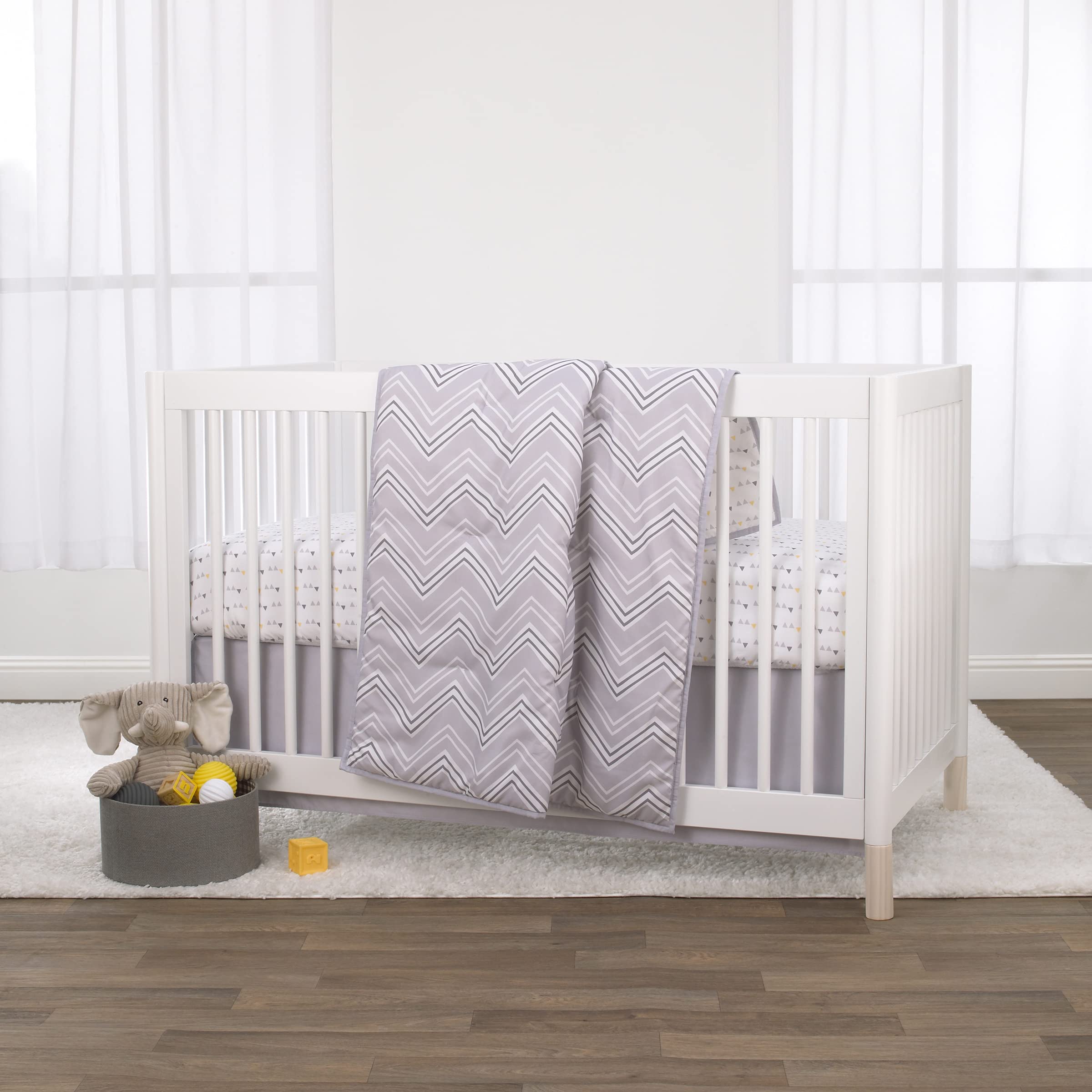 Little Love by NoJo Grey and White Chevron 3 Piece Crib Bedding Set - Comforter, Fitted Crib Sheet and Dust Ruffle