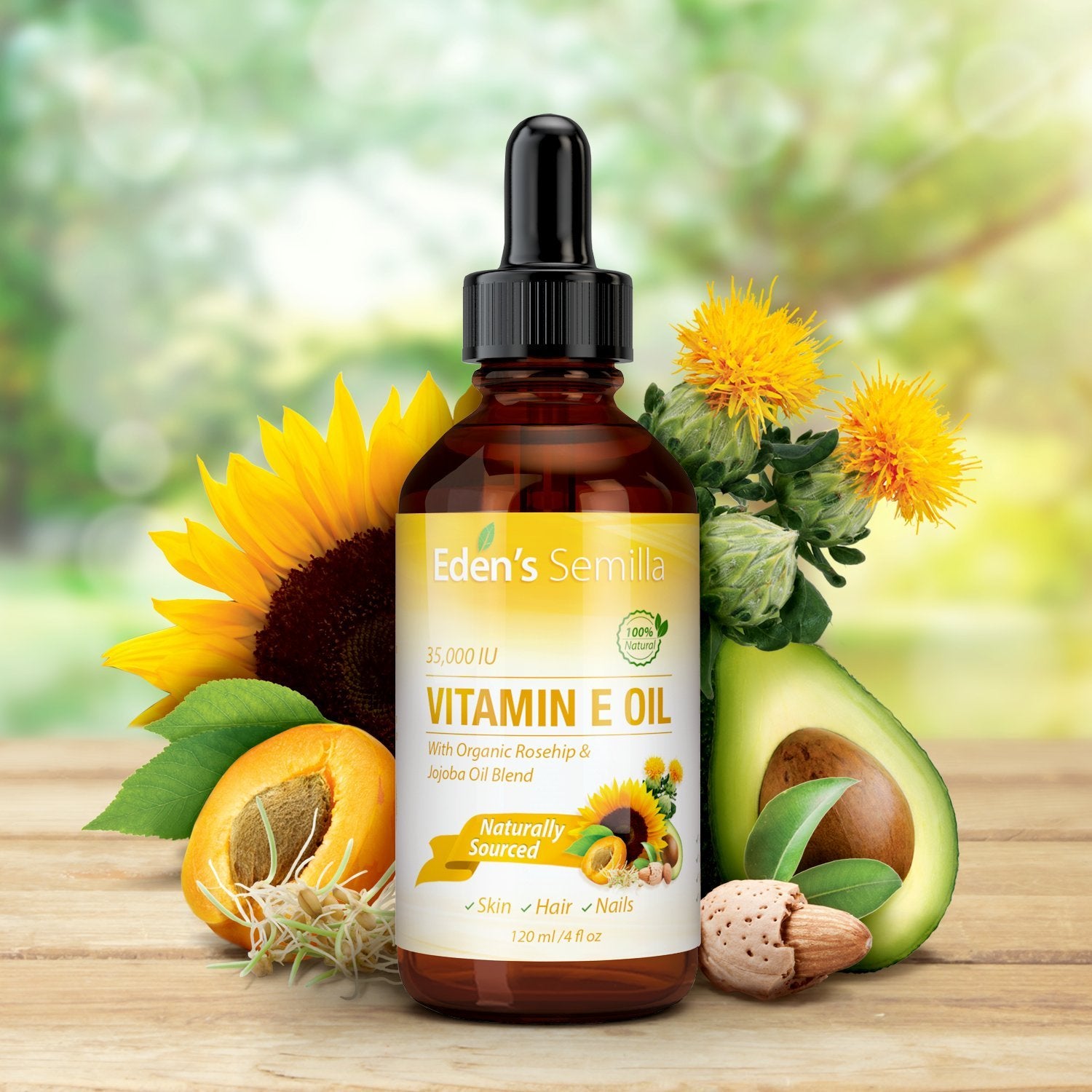 100% Plant Extract Vitamin E Oil 35,000 IU + Organic Rosehip & Jojoba Blend - Fast Absorbing Skin Protection for Face & Body. Pure Ingredients - Ideal for Sensitive Skin - Use Daily