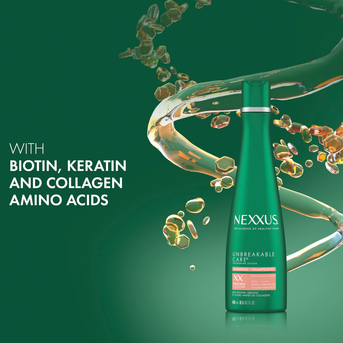 Nexxus Unbreakable Care Anti-Breakage Shampoo With Keratin, Collagen, Biotin For Fine And Thin Hair Sulfate Free Shampoo 13.5 oz