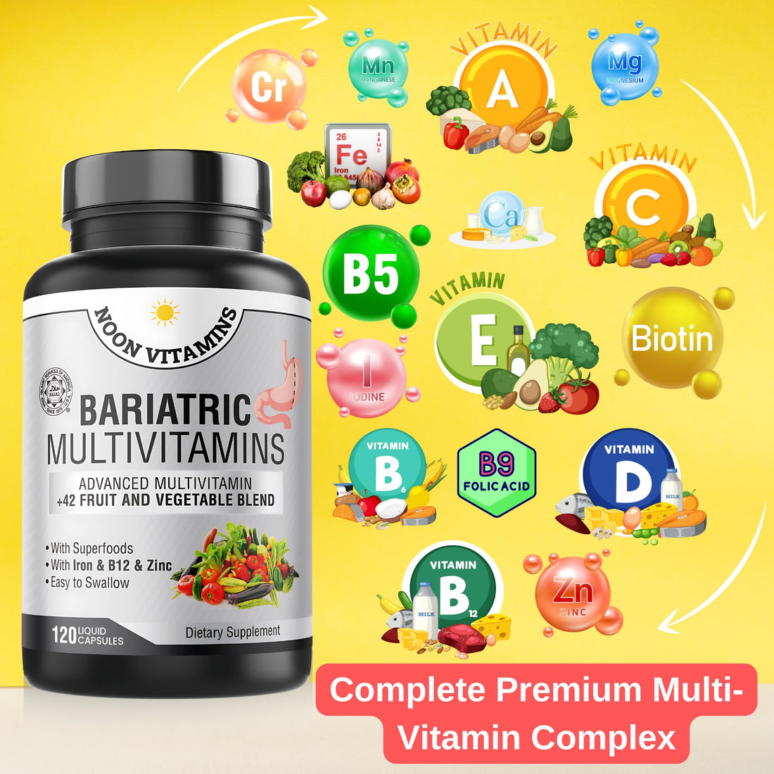 Bariatric Multivitamin with Iron for Women & Men All-in-One 42 Superfood Blend for Post-Surgery Easy-to-Swallow -2-Month Supply (- Superfood Blend for Energy, Halal - Made in USA (120 Capsules)
