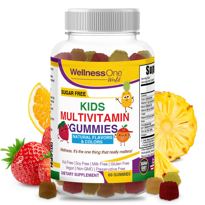 WellnessOne Kids Multivitamin Gummies - Sugar-Free Immune Support Supplement Packed with Vitamin C, B6, B12, Folic Acid & More - Natural Strawberry, Pineapple & Orange Flavors - 60 Gummy Vitamins