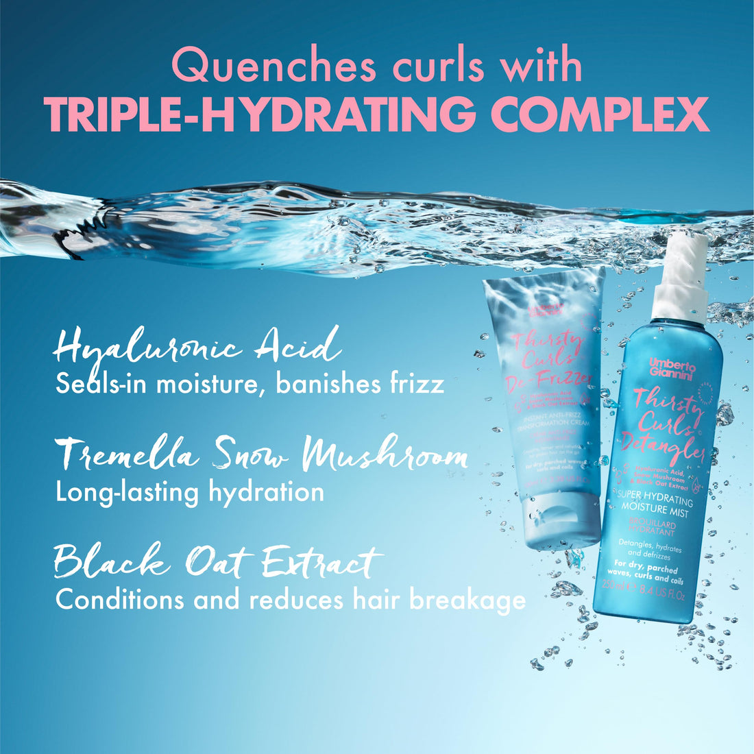 Umberto Giannini Thirsty Curls Detangler Super Hydrating Moisture Mist 8.4 fl Oz - Leave-In Conditioner Detangling Hair Spray for Dry 2a-4c Curly, Wavy & Coily Hair - Vegan & Cruelty-Free