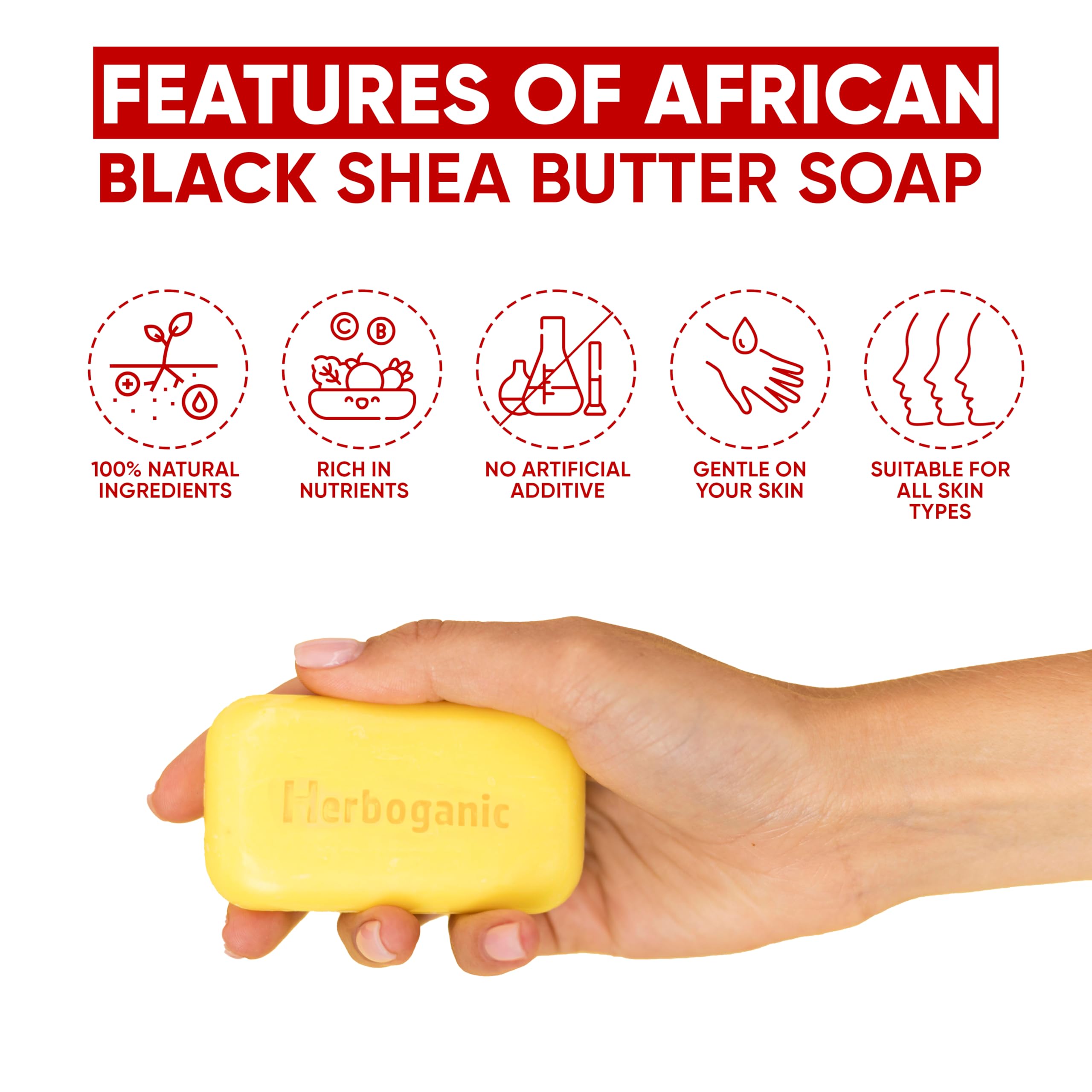 HERBOGANIC Africal Black soap With Shea Butter Herbal Soap | Pack of 3 of 5oz soap Bar | Natural Bar Soap for Face and Body | Hydrating and Nourishing | Suitable for Men and Women