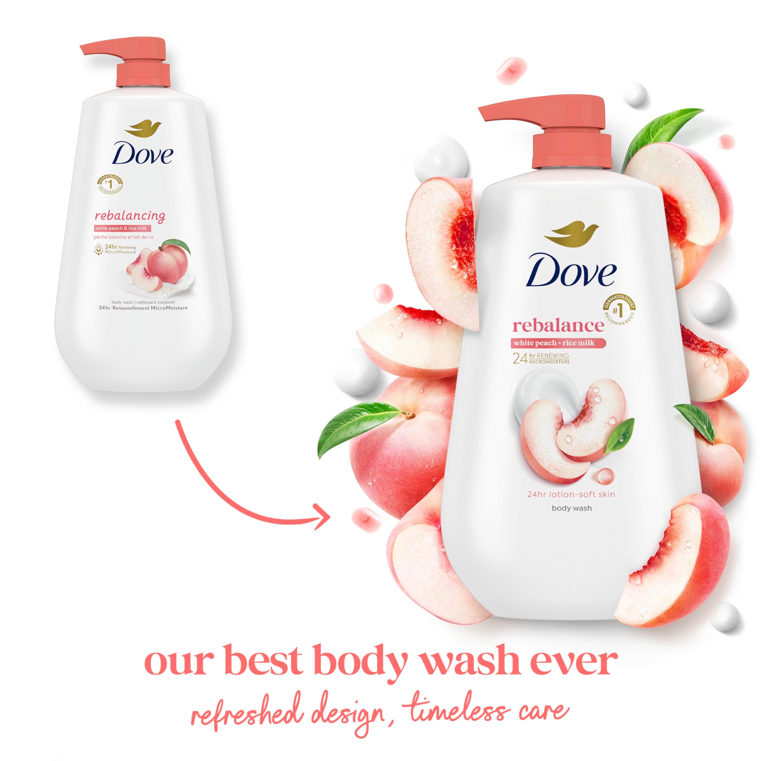 Dove Body Wash Rebalance White Peach & Rice Milk For 24hr Lotion-Soft Skin Moisturizing Skin Cleanser with No Sulfates No Parabens 30.6 oz