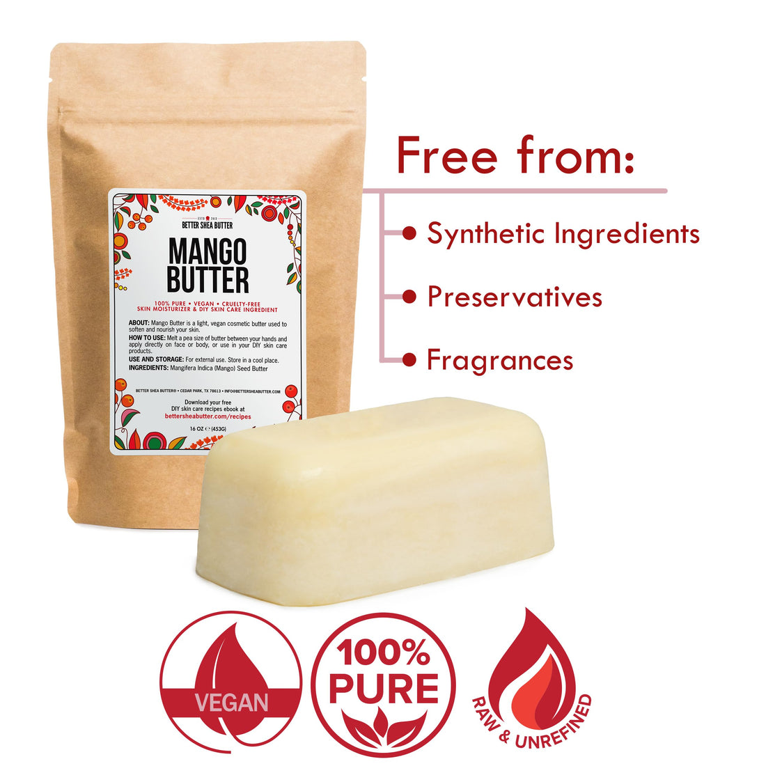 100% Pure Mango Butter - Can Substitute Shea Butter in Soap and Lotion Recipes - Moisturizing, Scent-free, Hexane-free - 16 oz by Better Shea Butter