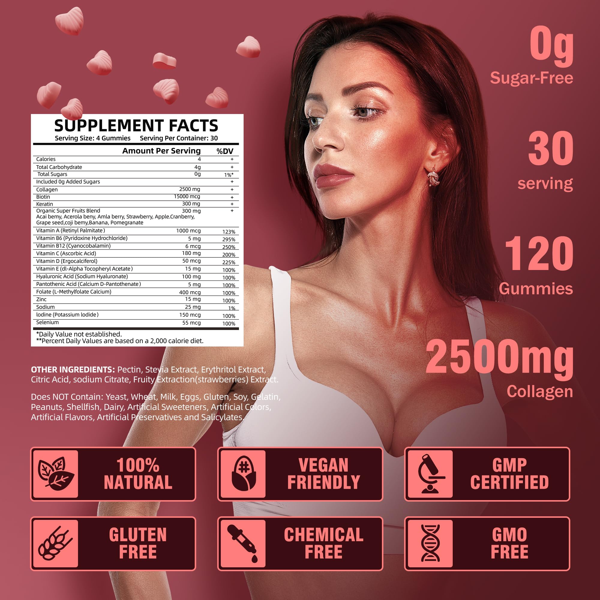 VIFSSG Collagen Peptide Gummies for Women,120 Sugar-Free Hydrolyzed, Extra Strength 2500mg Protein Type I,II,III,V,X with 15000mcg Biotin and Vitamin A B6 B12 C D E for Hair Skin Nail