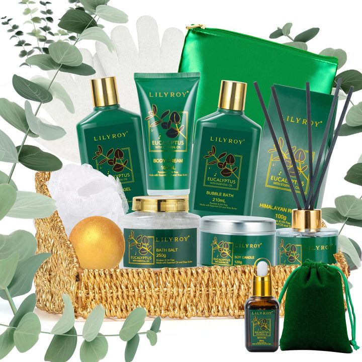 Mother's Day Relaxation Gift Basket - 15-Piece Premium Eucalyptus Bath Gift Set for Women & Men - Spa Kit with Shower Gel Ideal for Birthday, Christmas, Father’s Day, Perfect for Holidays & Self Care