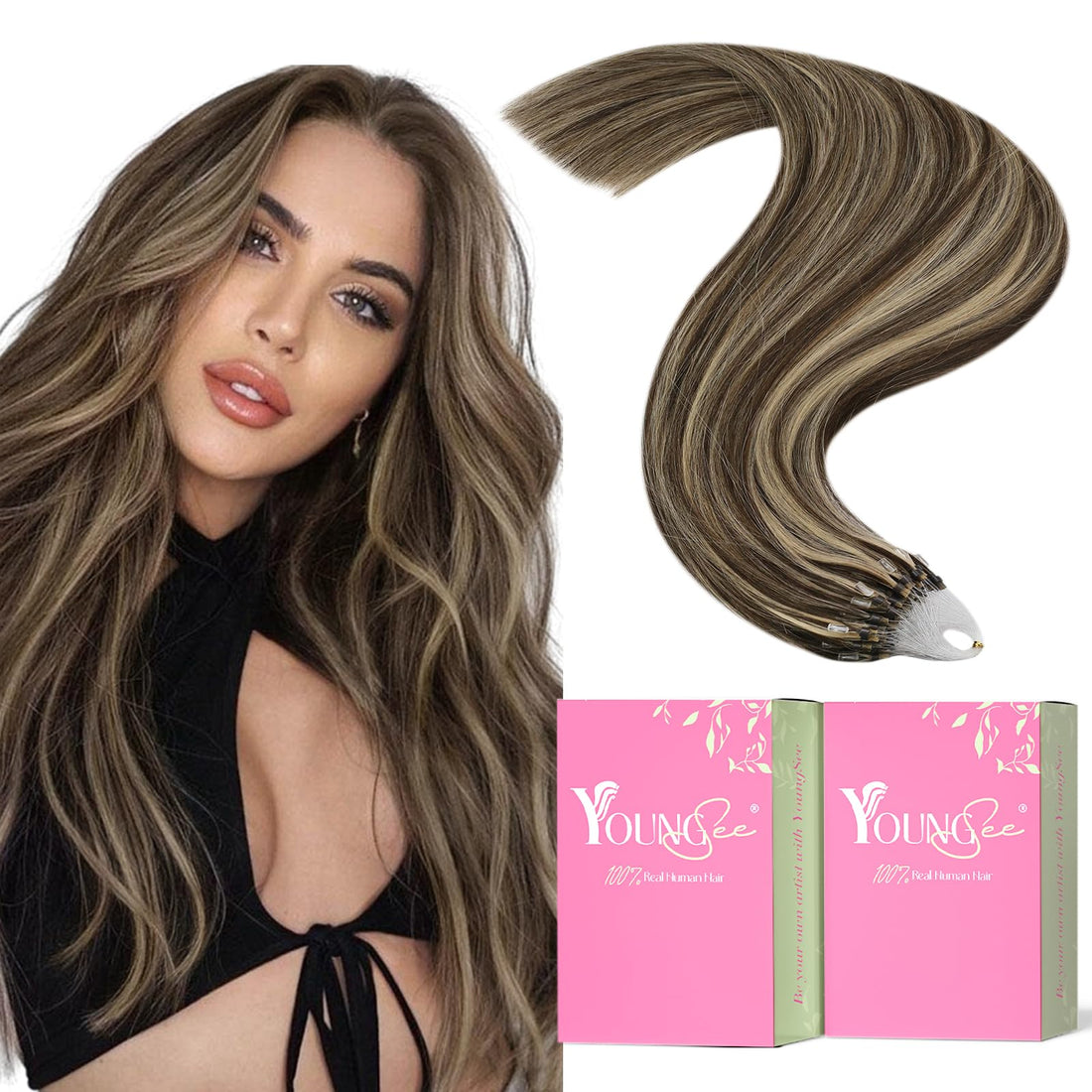 16, Dark Brown With Caramel Blonde: Youngsee Remy Human Hair Micro Loop Real Hair Extensions Dark Brown Mixed With Caramel Blonde Silkly Straight Micro Ring Link Human Hair Ex