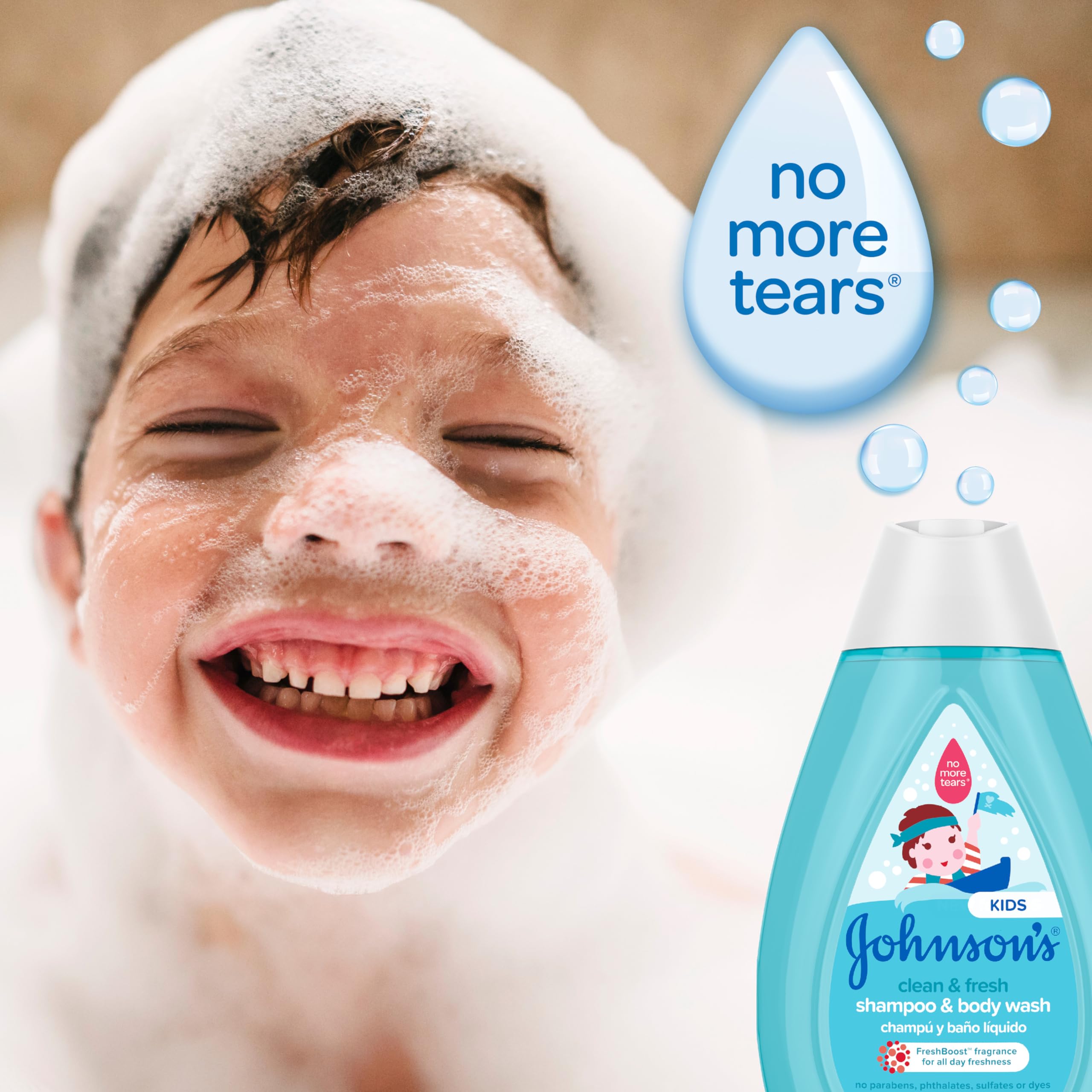 Johnsons Clean & Fresh Tear-Free Childrens Shampoo & Body Wash, Paraben-, Sulfate- & Dye-Free Formula is Hypoallergenic & Gentle on Toddlers Sensitive Skin, FreshBoost Fragrance, 13.6 fl. oz