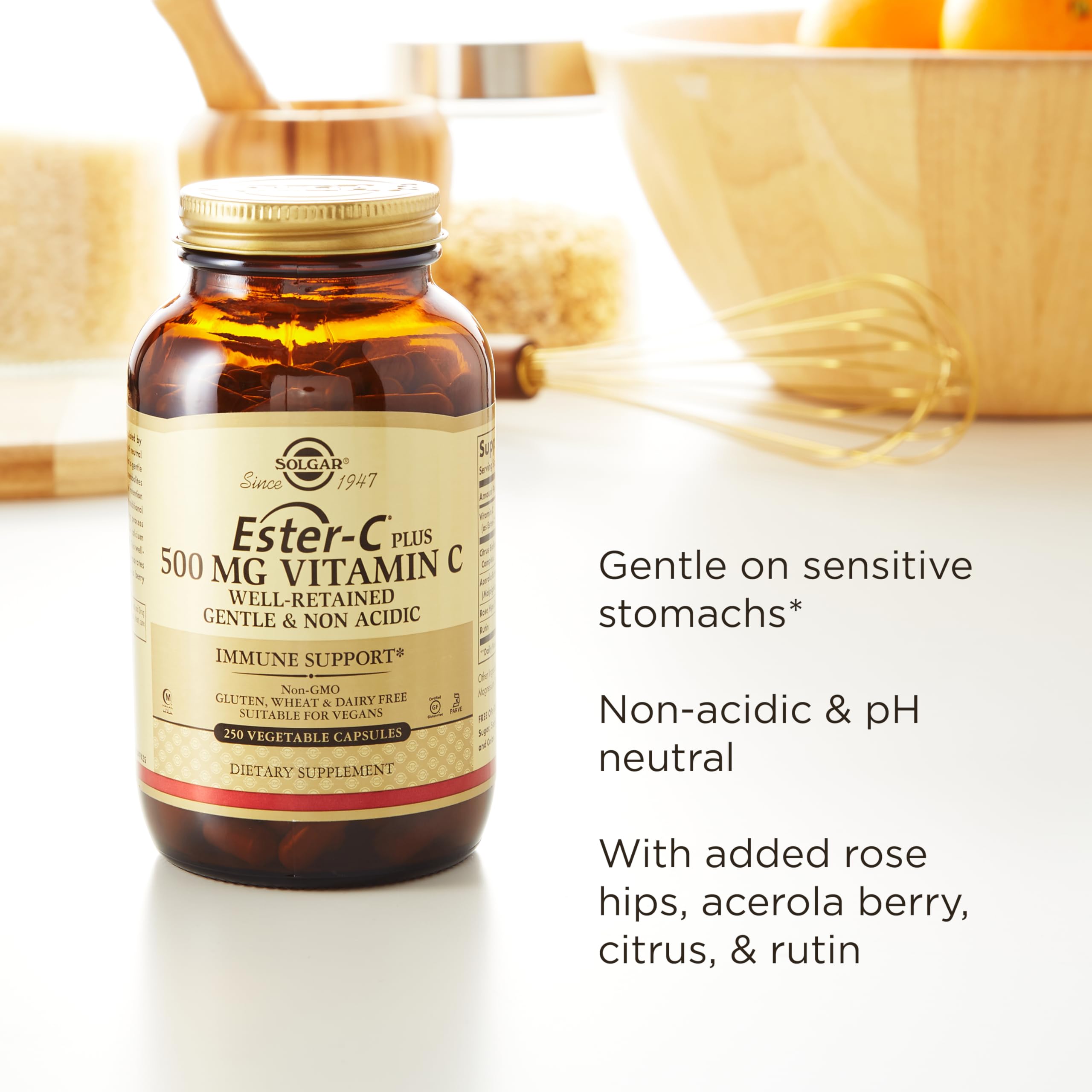 Solgar Ester-C Plus 500 mg Vitamin C (Ascorbate Complex), 100 Vegetable Capsules - Gentle & Non Acidic - Antioxidant & Immune Support - Non GMO, Vegan, Gluten Free, Kosher - 100 Servings