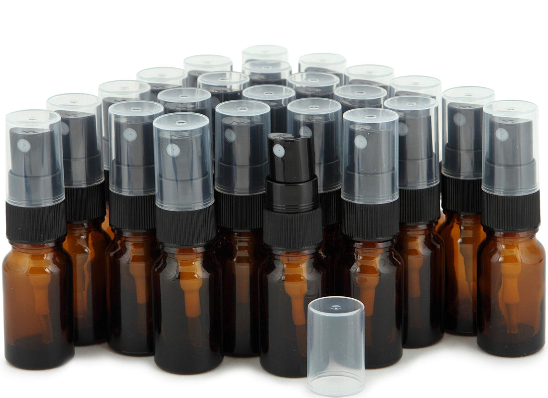 Vivaplex, 24, Amber, 10 ml (1/3 oz) Glass Bottles, with Black Fine Mist Sprayer's