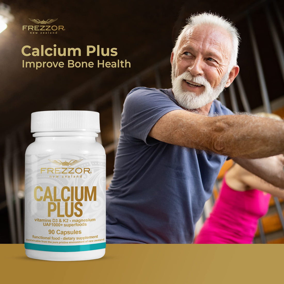 FREZZOR Calcium Plus with UAF1000+, New Zealand Natural Raw Calcium Supplement for Bones, Teeth, Gut Health, & Cardiovascular Support, Phosphorus, Magnesium, Collagen, Selenium, 90 Capsules, 1 Bottle