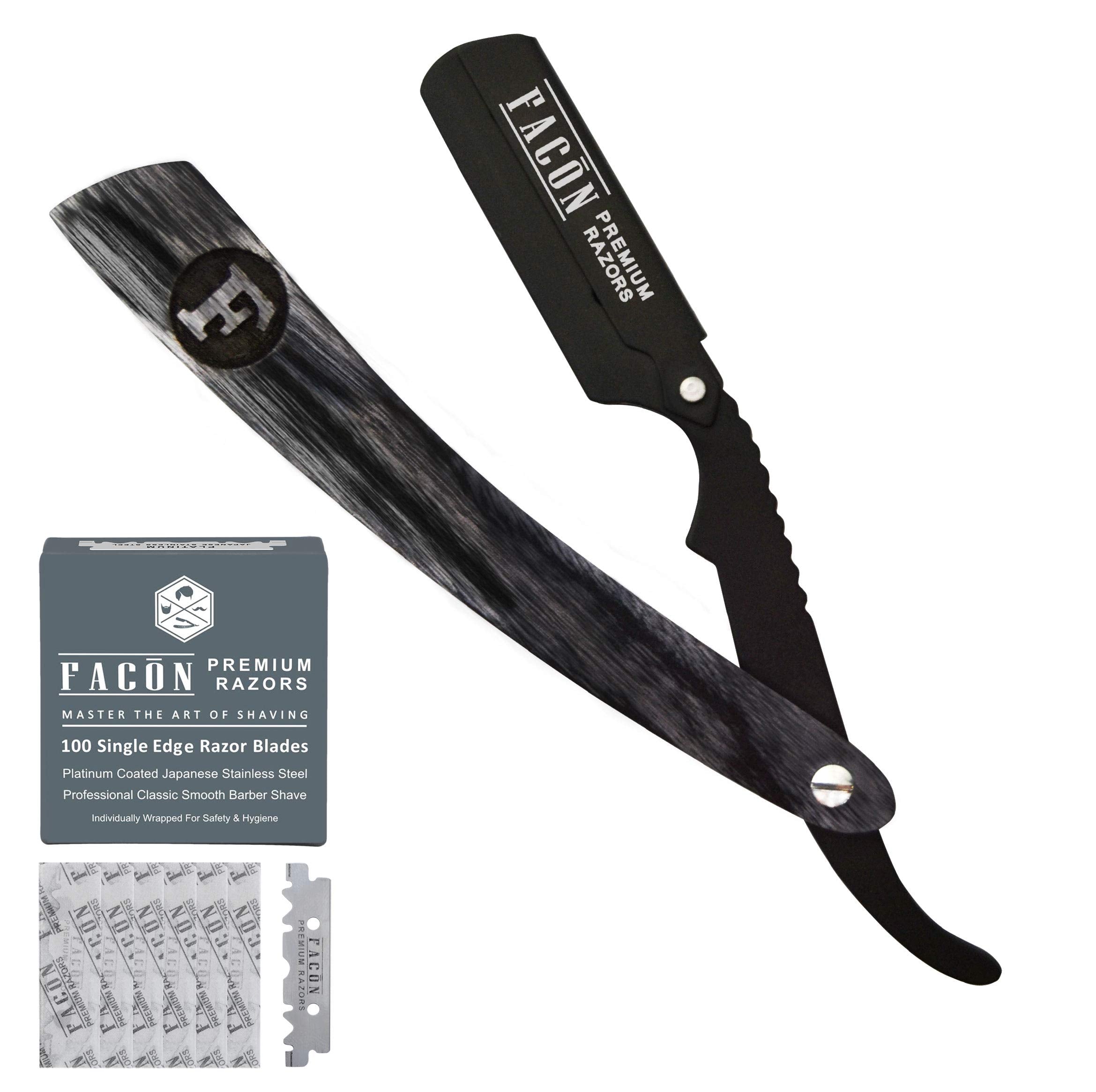100 BLADES + FacÃƒn Professional Wooden Straight Edge Barber Razor - Salon Quality Cut Throat Shavette