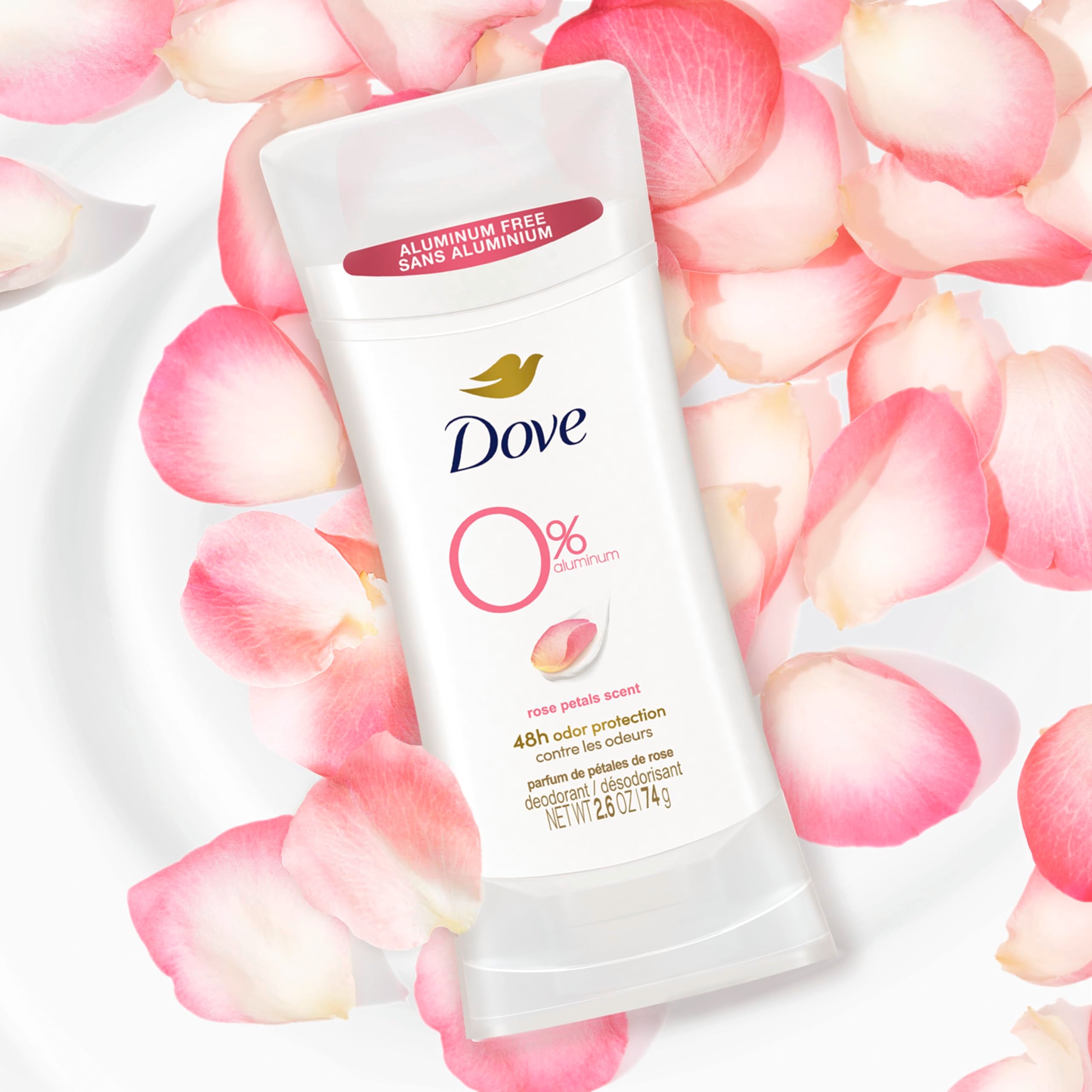 Dove 0% Aluminum Free Deodorant 24-hour Odor Protection Rose Petals Deodorant for Women 2.6 OZ, 3 Count