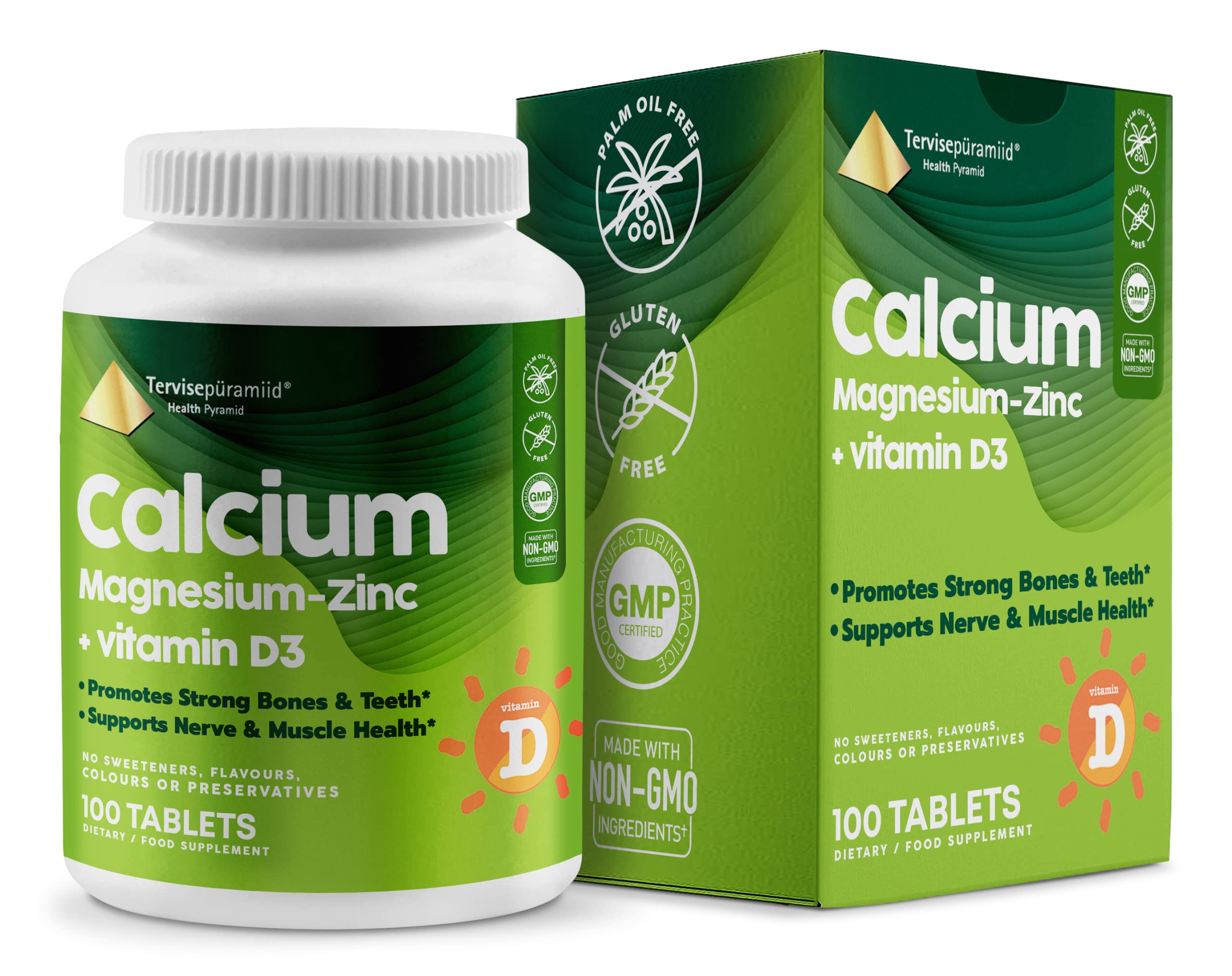 Health Pyramid Calcium Magnesium Zinc with Vitamin D3 Supplement for Strong Bones and Teeth Cal Mag Zinc Supports Nerve and Muscle Health 100 Vegan Tablets