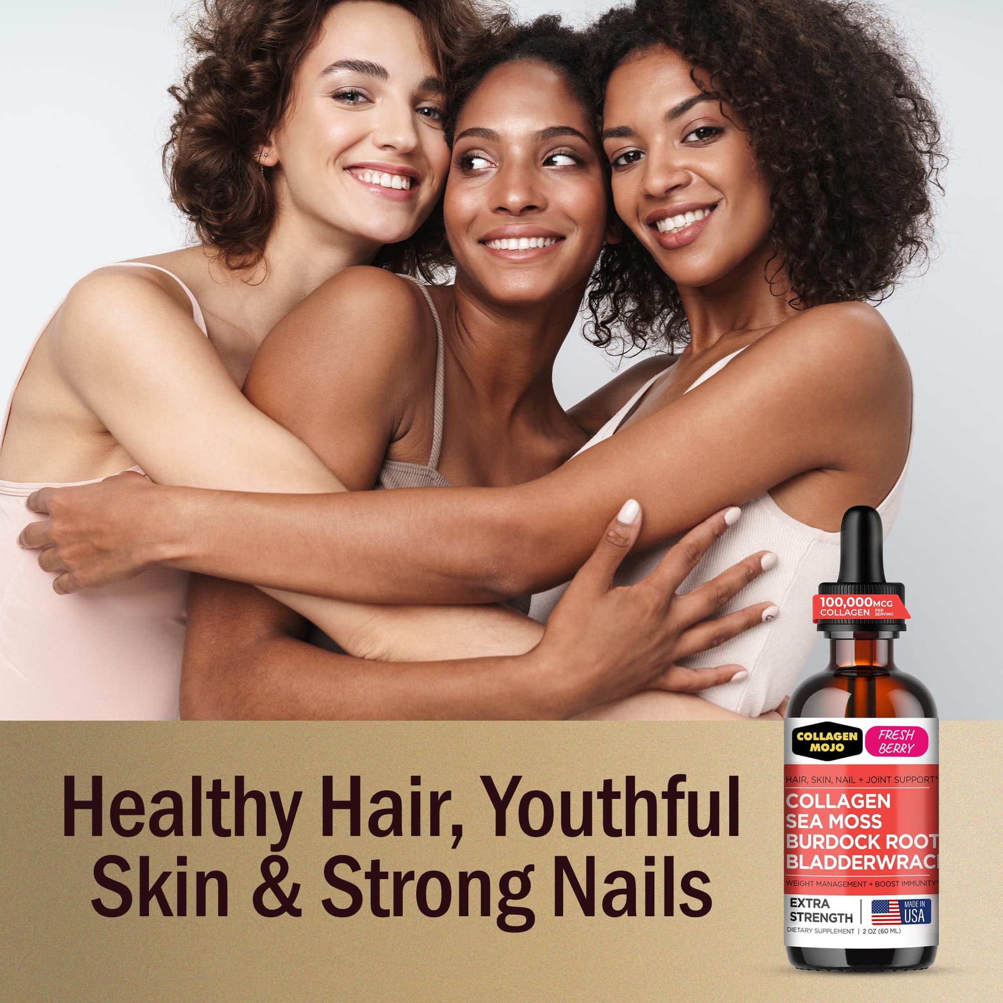 Collagen Mojo - Liquid Collagen for Women & Men, Collagen Peptides with Sea Moss, Burdock Root & Bladderwrack - Hair, Skin, Nails, Joint Support, Weight Management, High Absorption - 100,000mcg, 2 Oz