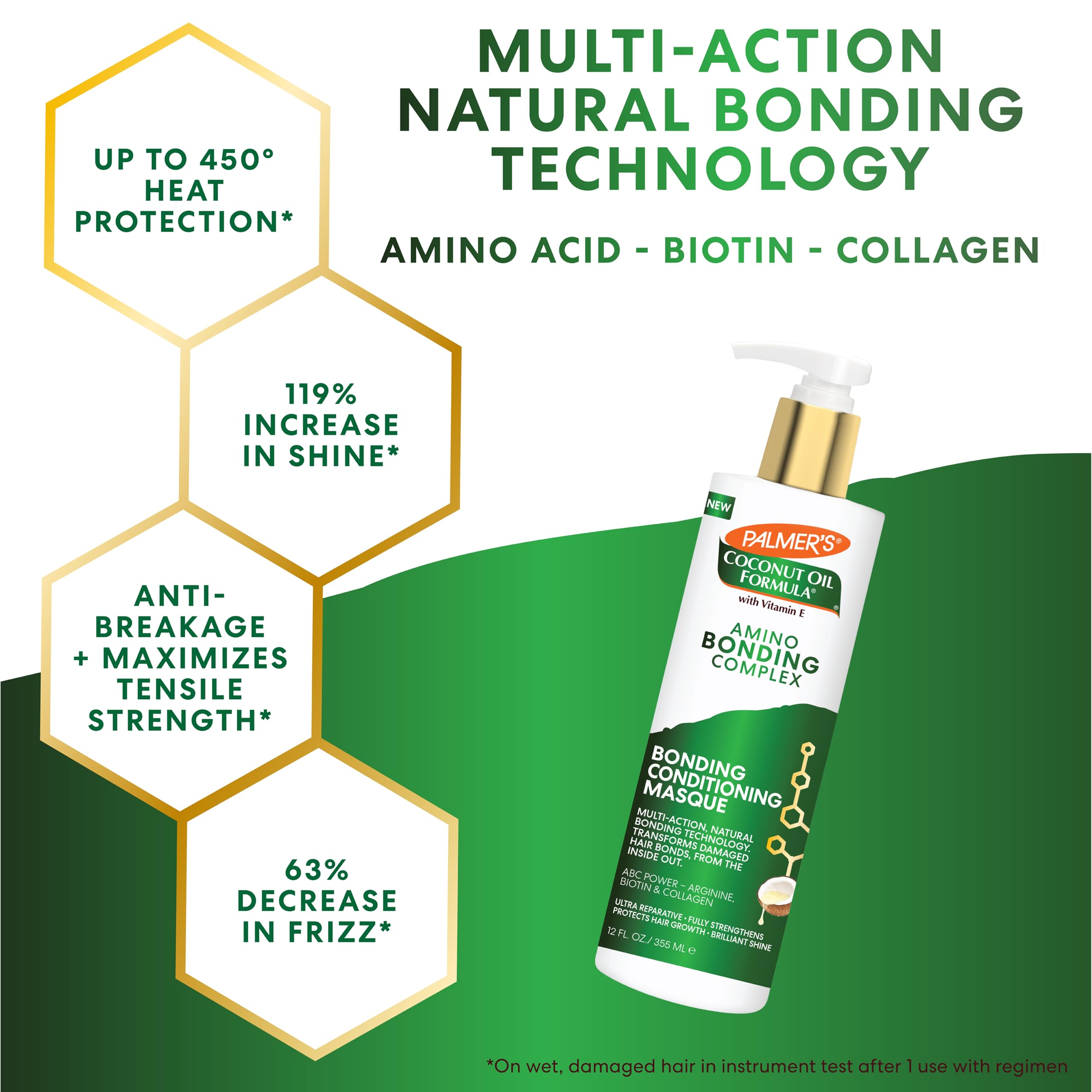 Palmer's Amino Bonding Complex Hair Mask, Intense Conditioning Masque Pack with Coconut Oil & Vitamin E, Heat Protectant, Anti Frizz, Adds Shine, Protects Hair Growth, All Hair Types, 12 fl. oz bottle