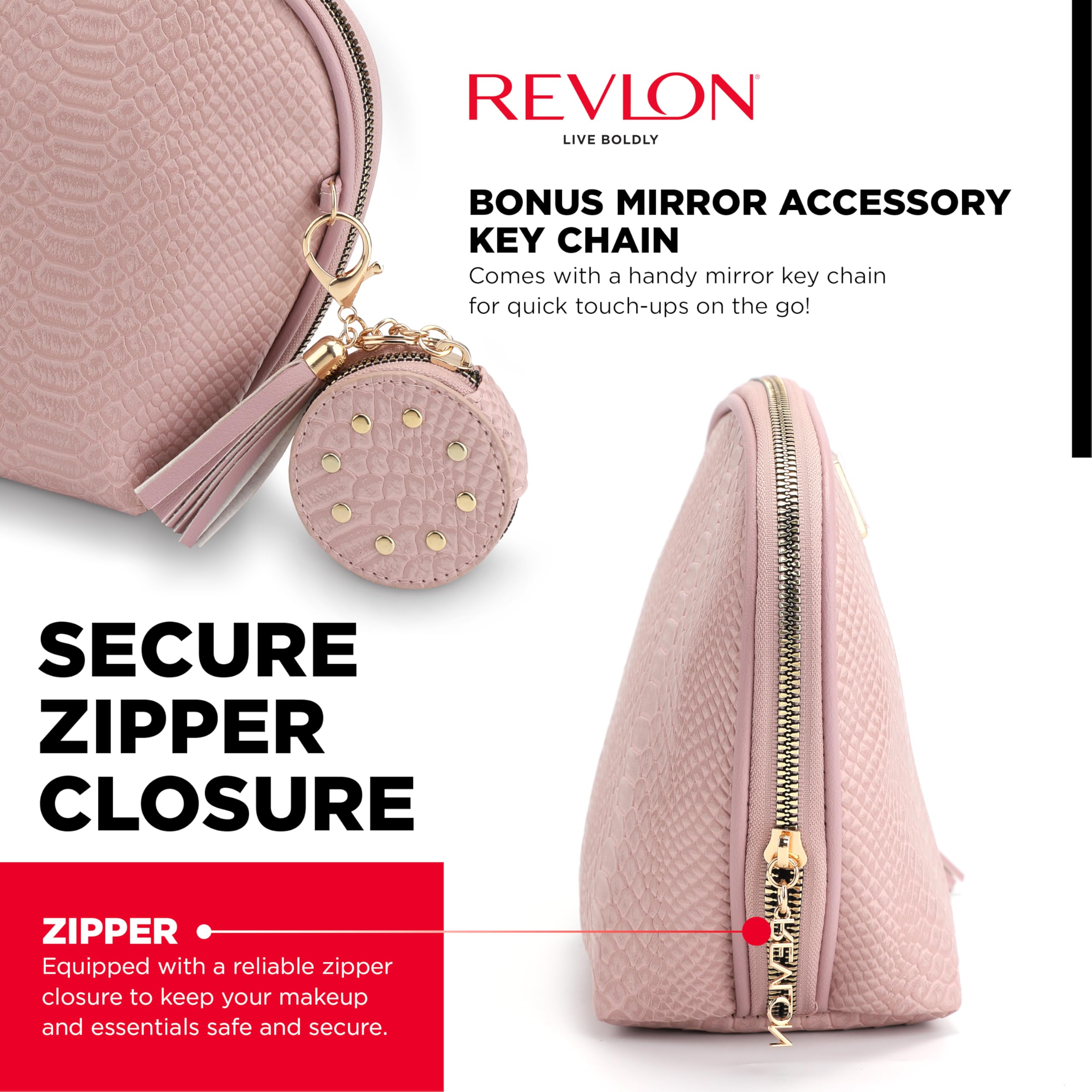 REVLON Croc Embossed Makeup Pouch, Small Makeup Pouch, Travel Makeup Organizer with Tassel & Mirror Keychain, Cosmetic Bag, Mini Makeup Case with Pockets, Gifts for Women, Ladies, or Teen Girls, Rose