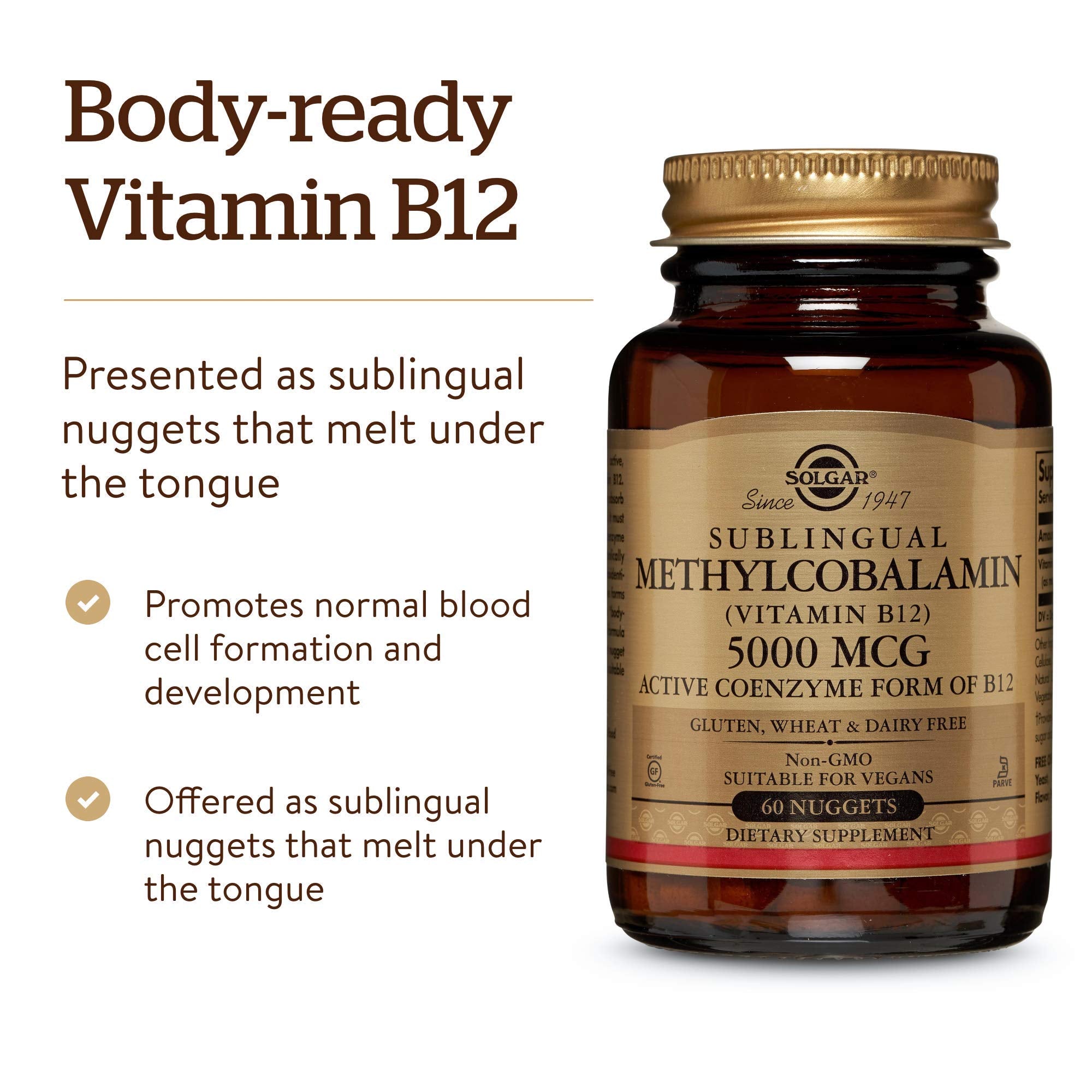 Solgar Methylcobalamin (Vitamin B12) 5000 mcg, 60 Nuggets - Cherry Flavor - Supports Energy Metabolism - Body-Ready, Active Form - Non-GMO, Vegan, Gluten Free - 60 Servings
