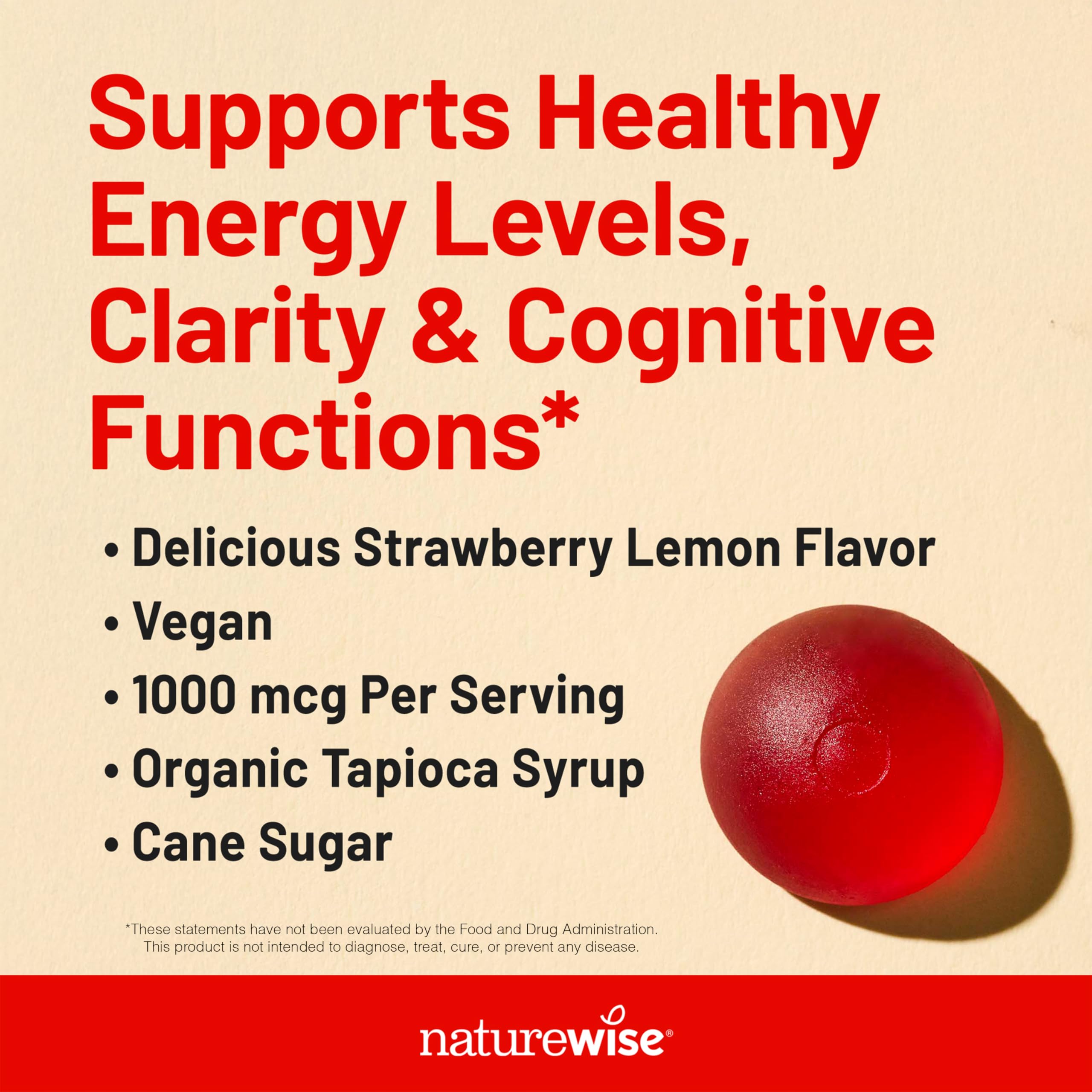 NatureWise Vitamin B12 Gummies for Adults, 1000 mcg - Strawberry Lemon Flavor - Supports Daily Energy, Mental Clarity, Cognitive Function - Vegan, Gluten-Free, Non-GMO - 180 Count[3-Month Supply]