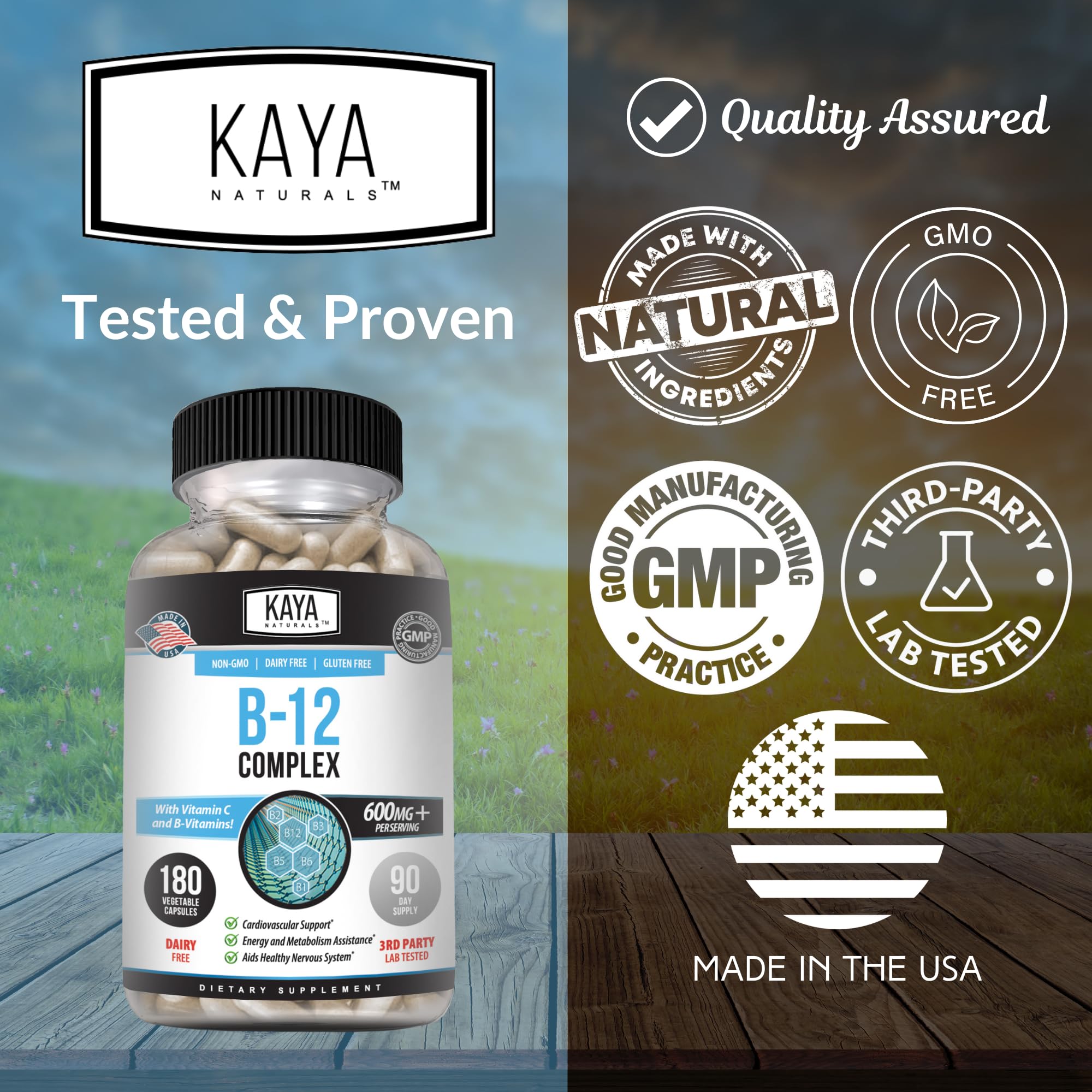 Kaya Naturals B-12 Complex | Multivitamin Supplement for Women & Men | Energy and Metabolism Booster | Vitamin Supplement with Biotin, Choline, Inositol, Folate, and Vitamin C – 180 Count
