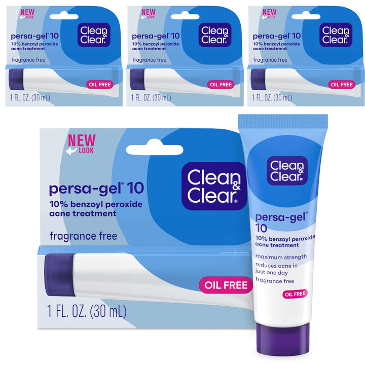 Clean & Clear PersaGel 10 Acne Medication Spot Treatment with Maximum Strength 10 Benzoyl Peroxide Topical Pimple Cream Acne Gel medication for Face Acne with Benzoyl Peroxide, (pack of 4)