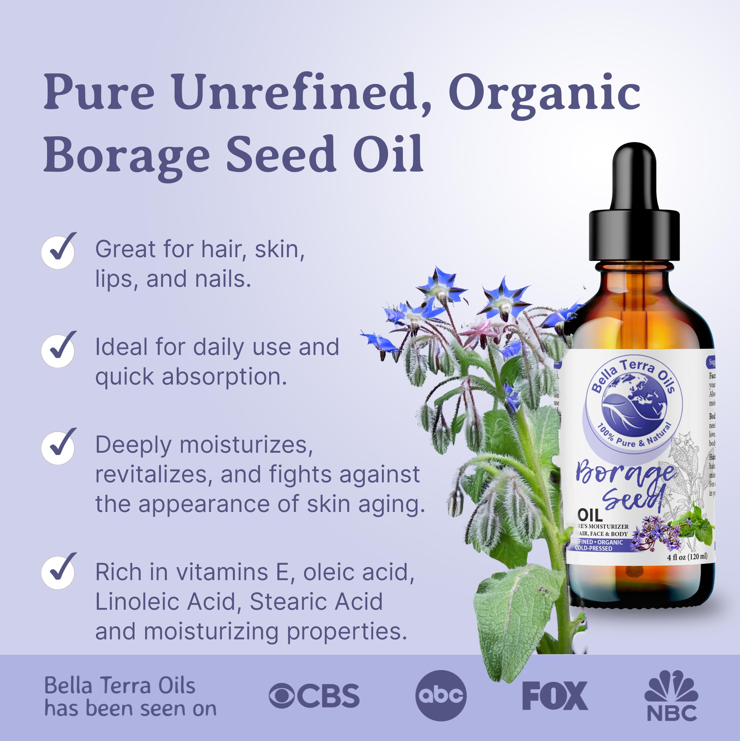 NEW Borage Seed Oil. 8oz. Cold-pressed. Unrefined. Organic. 100% Pure. PA-free. Hexane-free. GLA Oil. Natural Moisturizer. For Hair, Face, Body, Nails, Stretch Marks.
