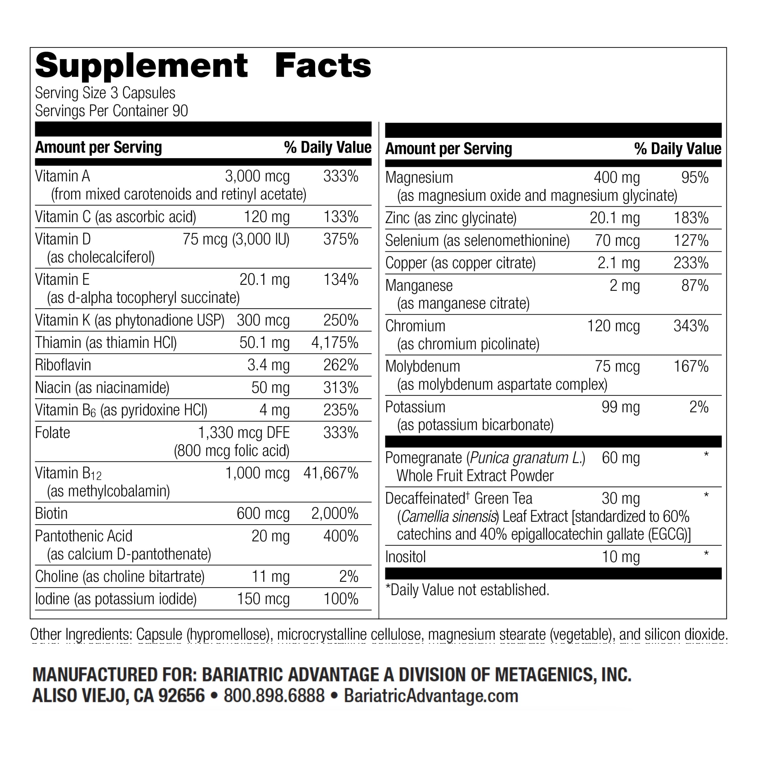 Bariatric Advantage Ultra Multi Without Iron - High Potency Multivitamin - for Bariatric Surgery Patients - Bariatric Multivitamin Capsule - with Calcium, Vitamin C & More - 270 Capsules