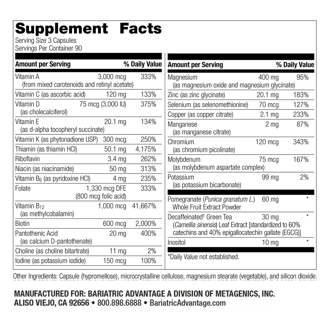 Bariatric Advantage Ultra Multi Without Iron - High Potency Multivitamin - for Bariatric Surgery Patients - Bariatric Multivitamin Capsule - with Calcium, Vitamin C & More - 270 Capsules