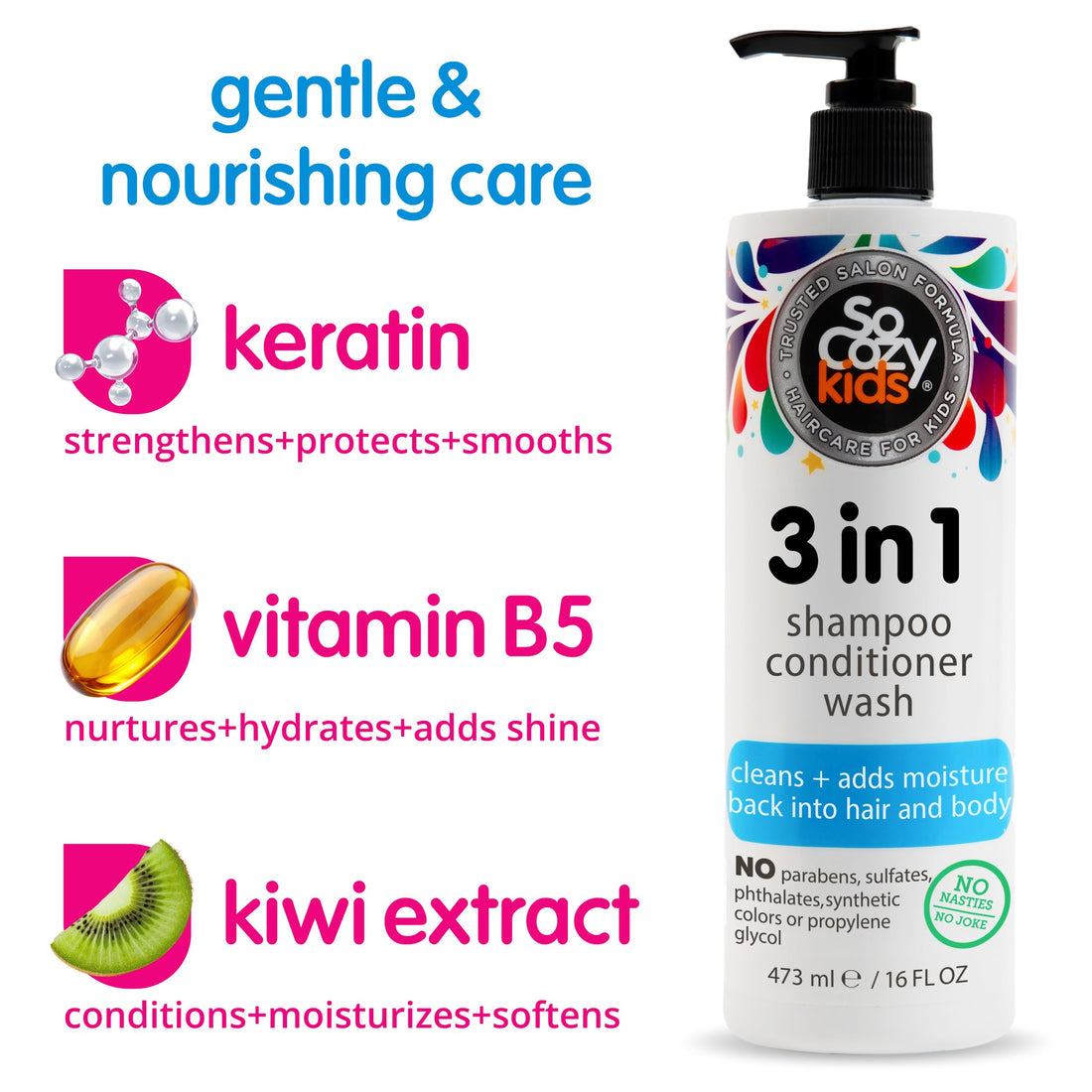 SoCozy 3in1 Shampoo + Conditioner + Body Wash For Kids Hair Cleans and Adds Moisture Back, Kiwi, 16 Fl Oz