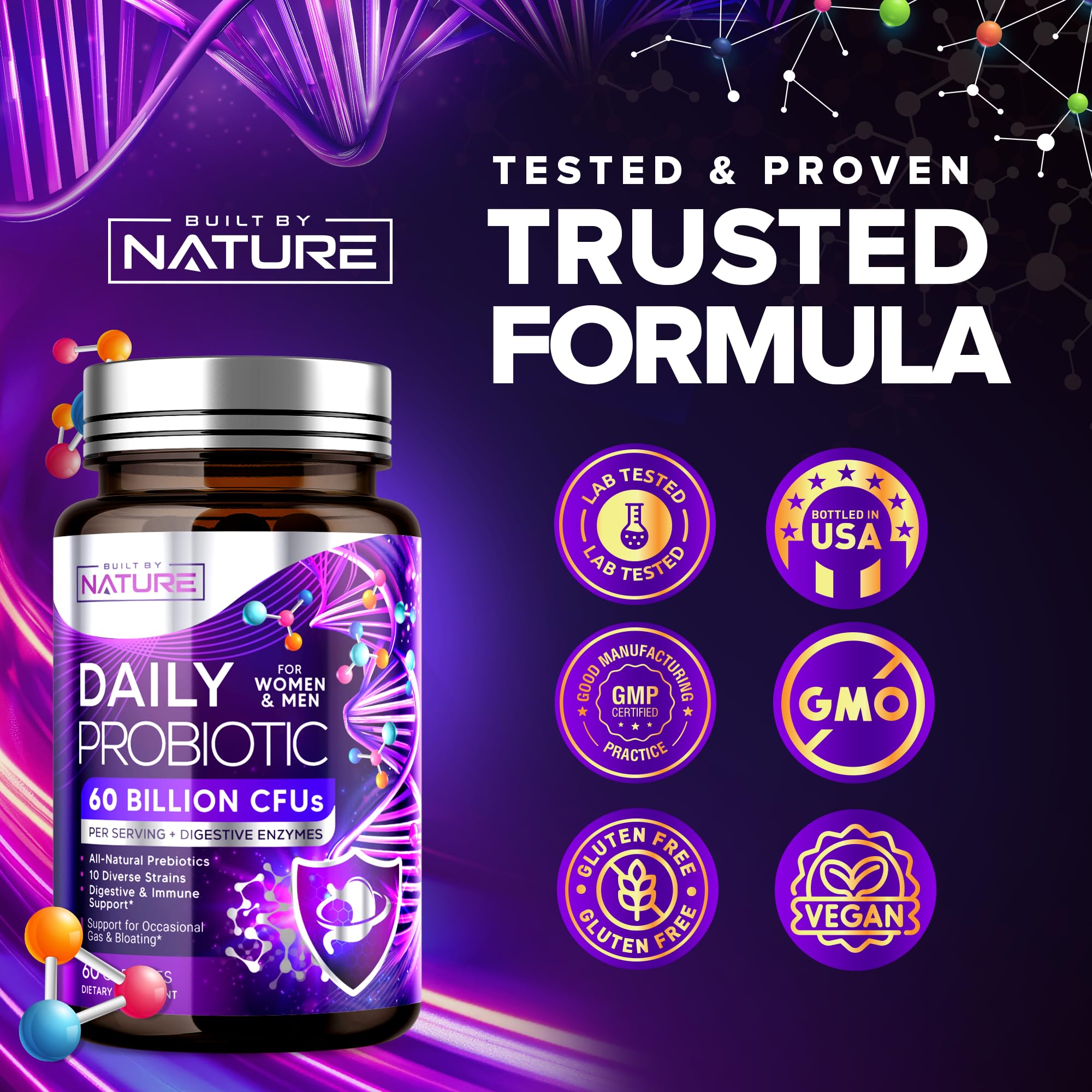 Built by Nature Probiotic for Women & Men – 60 Billion CFU, 10 Strains + Prebiotics & Digestive Enzymes – Supports Digestive, Immune, Reduce Gas & Bloating – Shelf Stable, Non-GMO - 60 Capsules