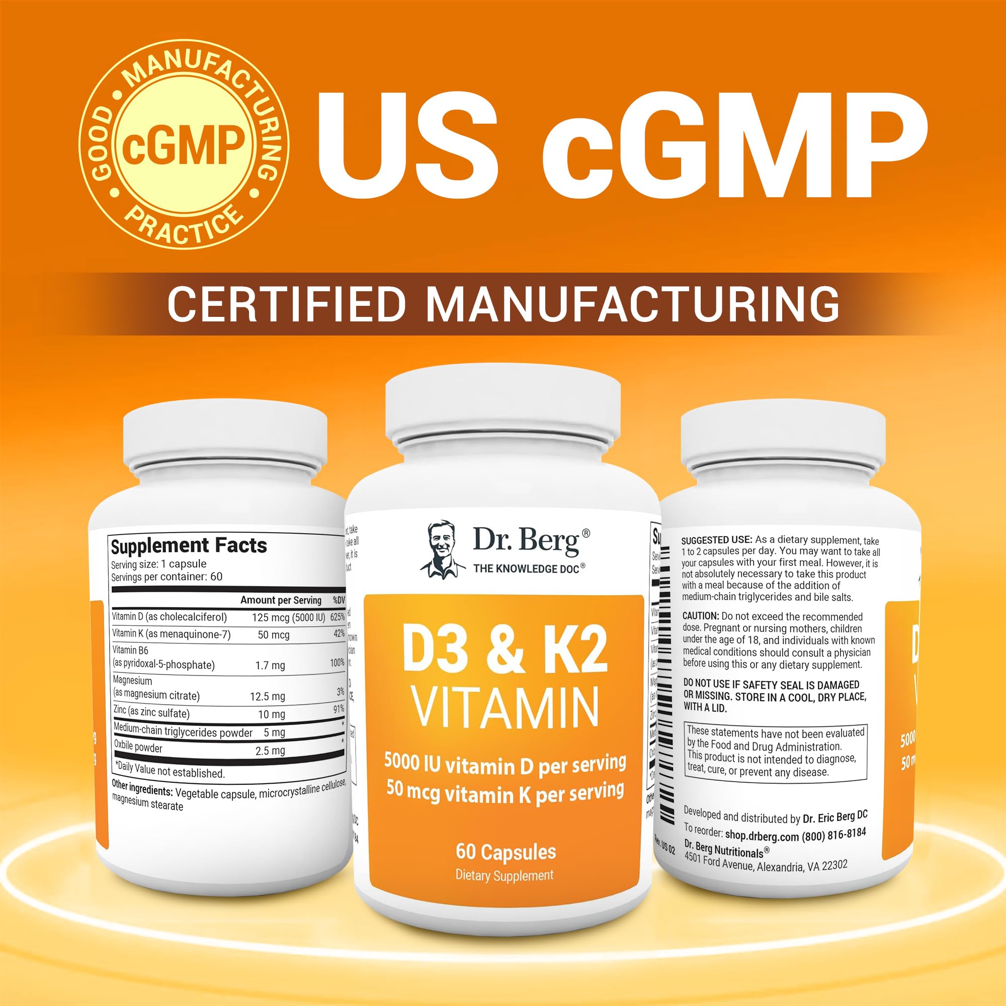 Dr. Berg D3 K2 Vitamin 5000 IU w/MCT Powder - Includes 50 mcg MK7 Vitamin K2, Purified Bile Salts, Zinc & Magnesium for Ultimate Absorption - K2 D3 Vitamin Supplement - 60 Capsules