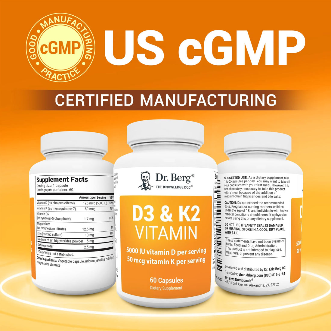 Dr. Berg D3 K2 Vitamin 5000 IU w/MCT Powder - Includes 50 mcg MK7 Vitamin K2, Purified Bile Salts, Zinc & Magnesium for Ultimate Absorption - K2 D3 Vitamin Supplement - 60 Capsules